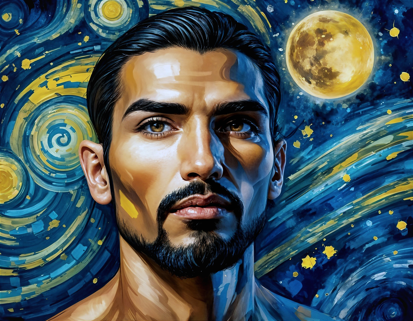 Portrait of a man against a starry night backdrop