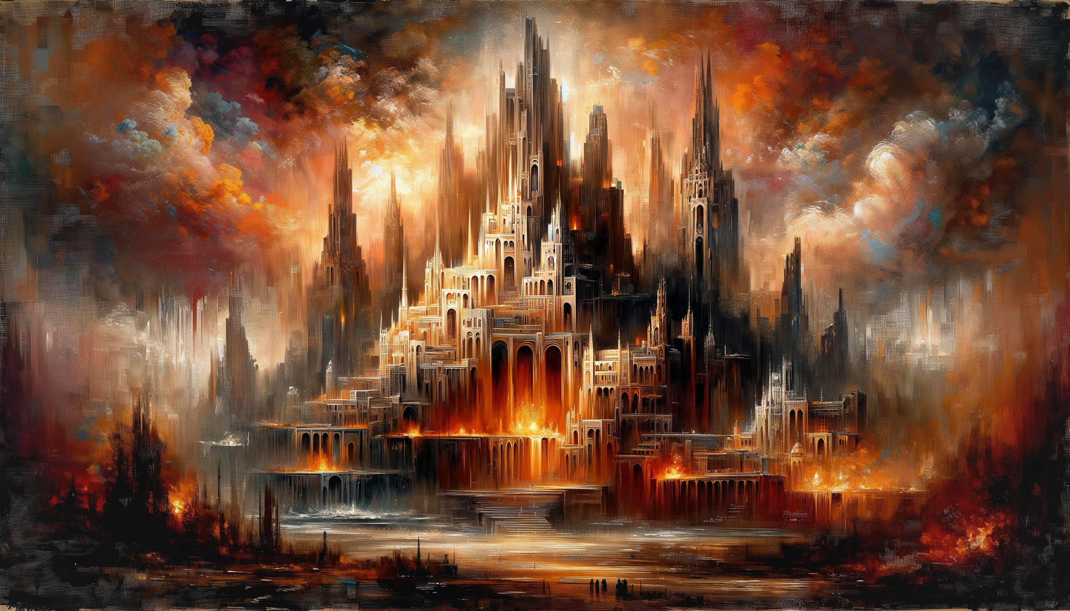 Fiery Cityscape with Dramatic Sky and Silhouetted Figures