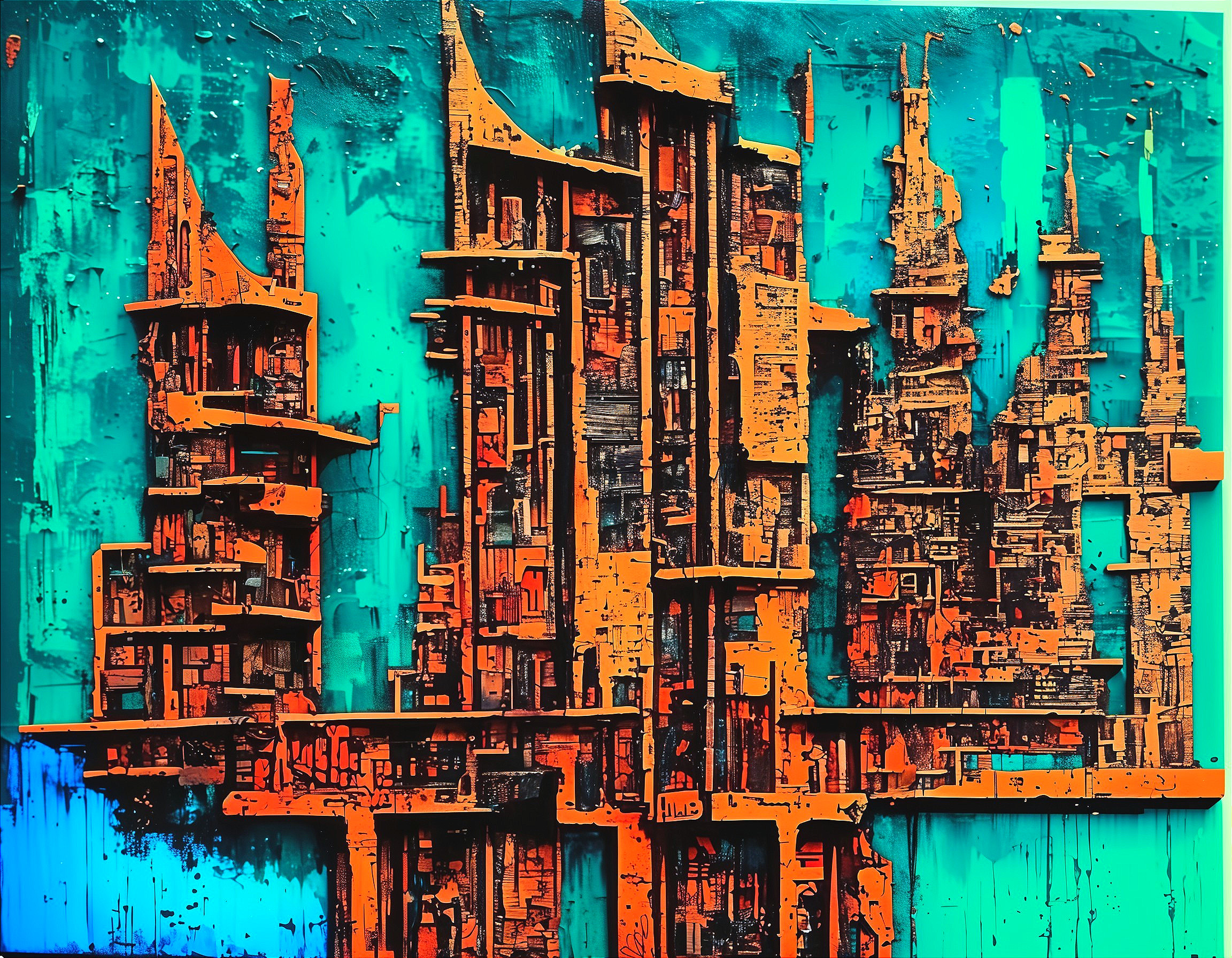 Abstract Artwork of Jagged Structures in Orange and Turquoise