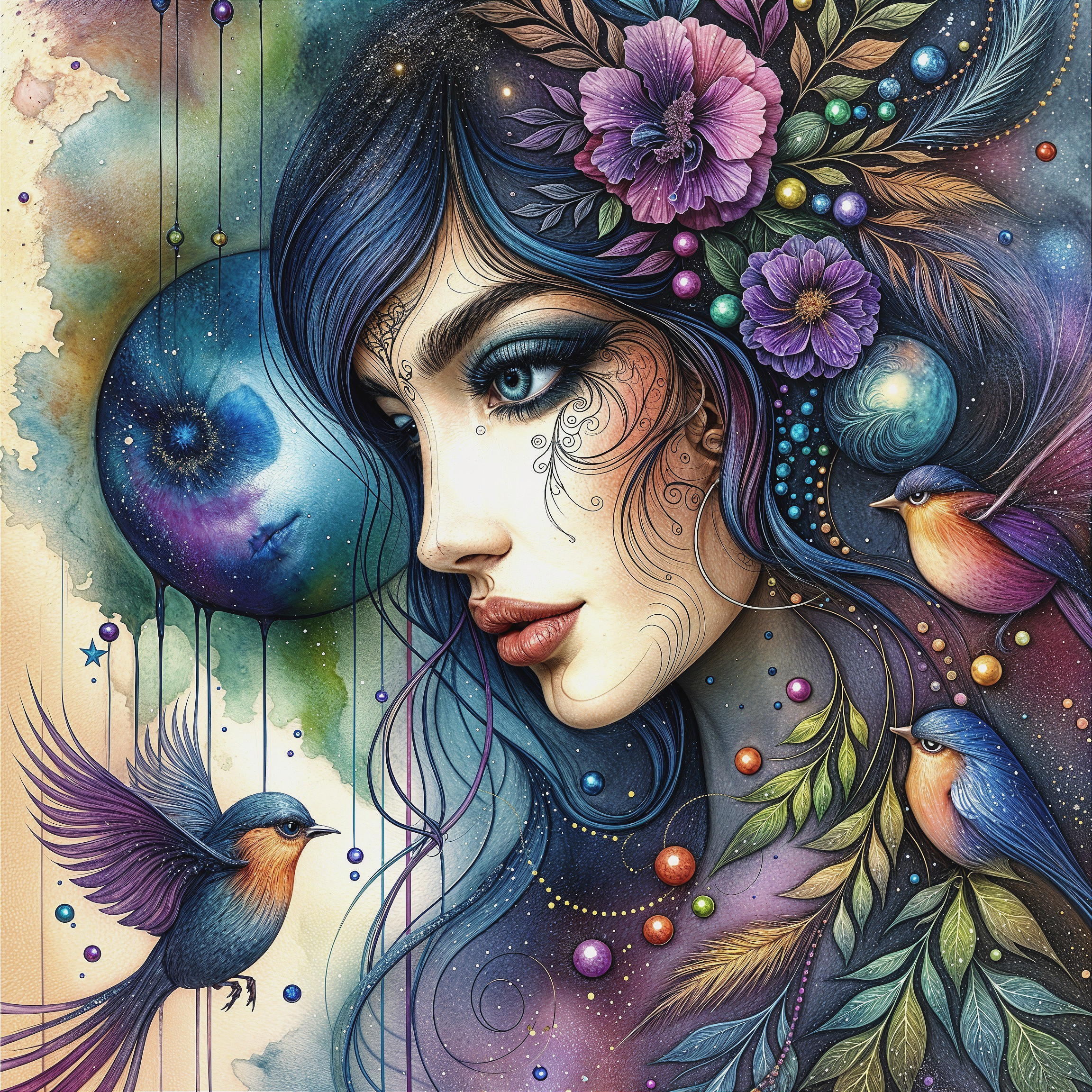 Vibrant Portrait of Woman with Blue Hair and Cosmos