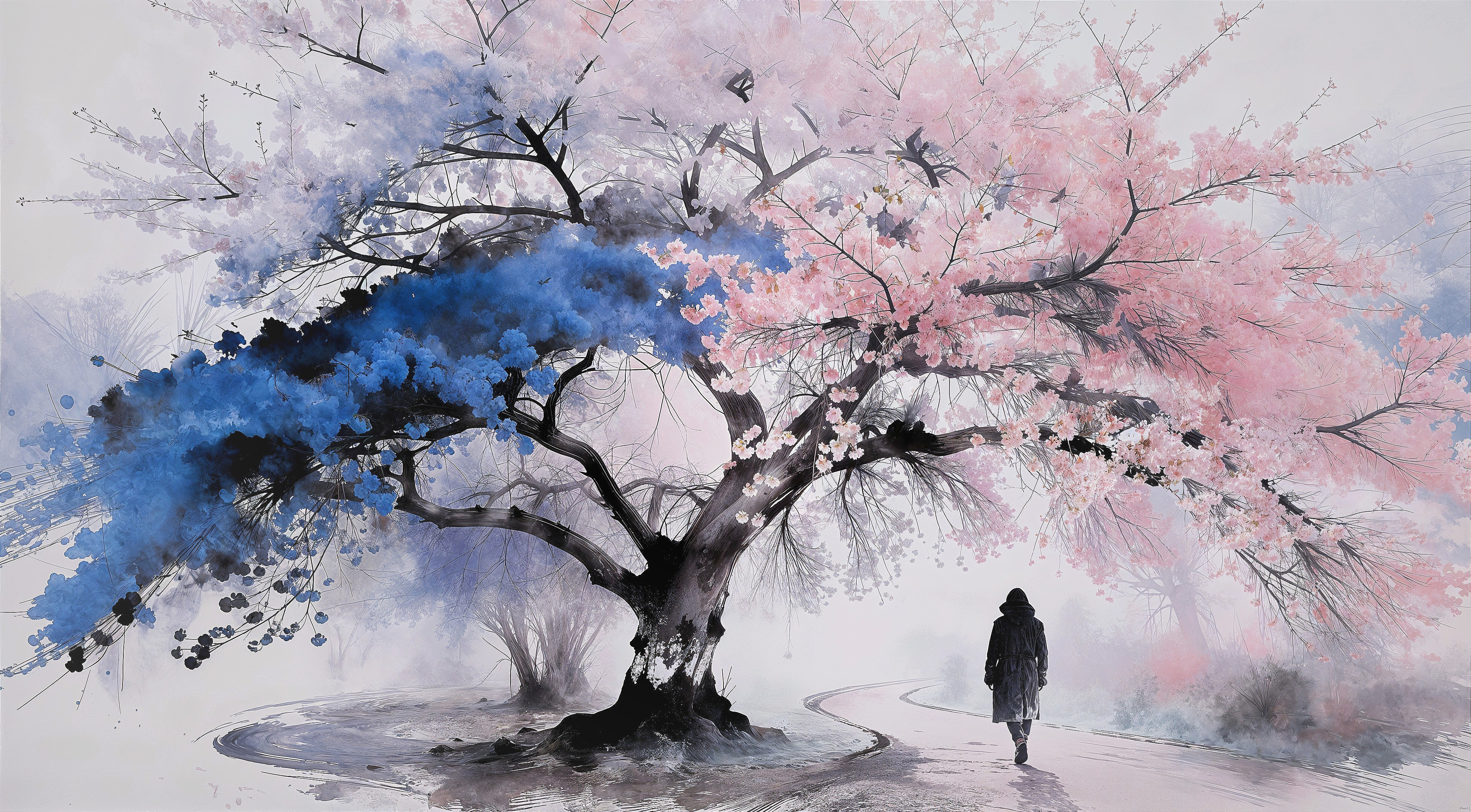 Watercolor Painting of Cherry Blossom Tree and Path