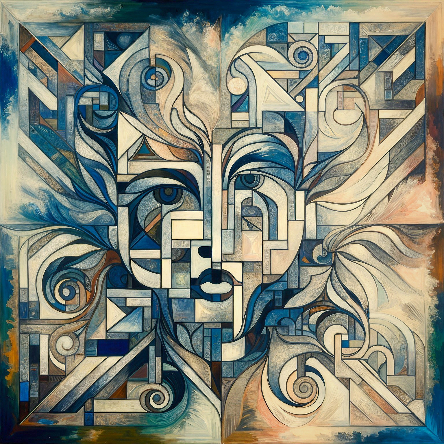 Abstract Geometric Face Composition in Blue and Beige