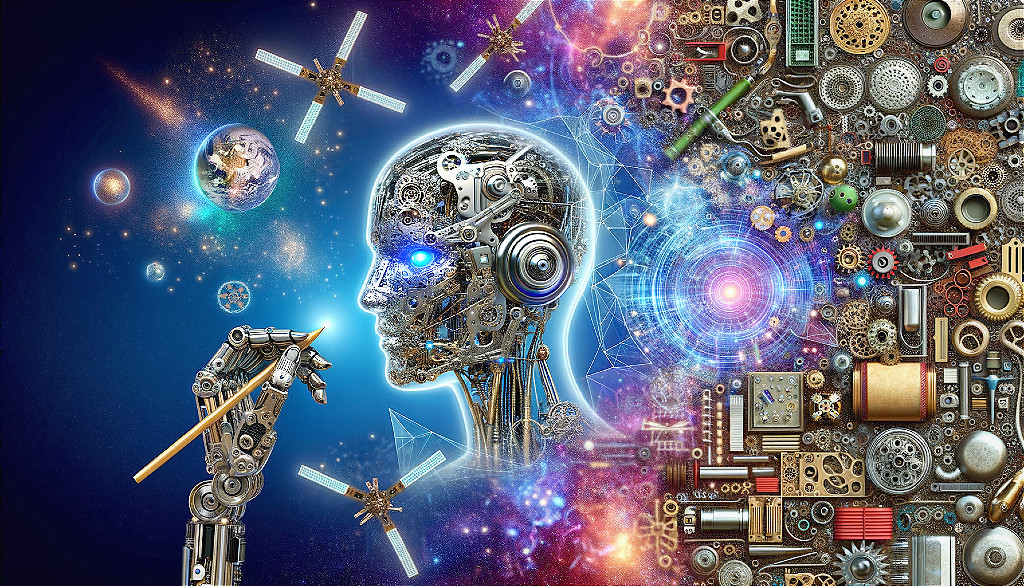 Futuristic robotic head with cosmic and mechanical elements