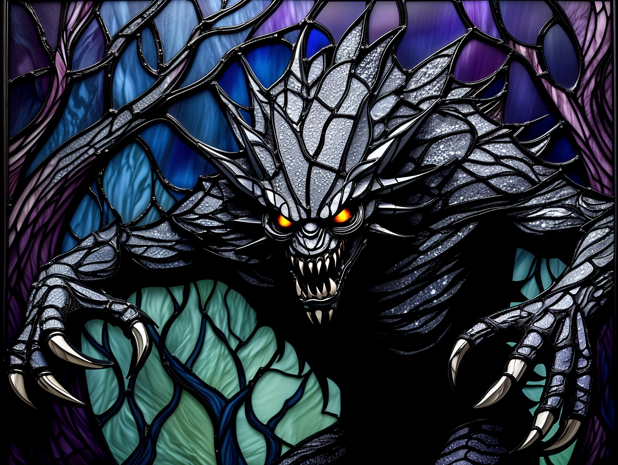 Menacing creature with sharp claws and orange eyes