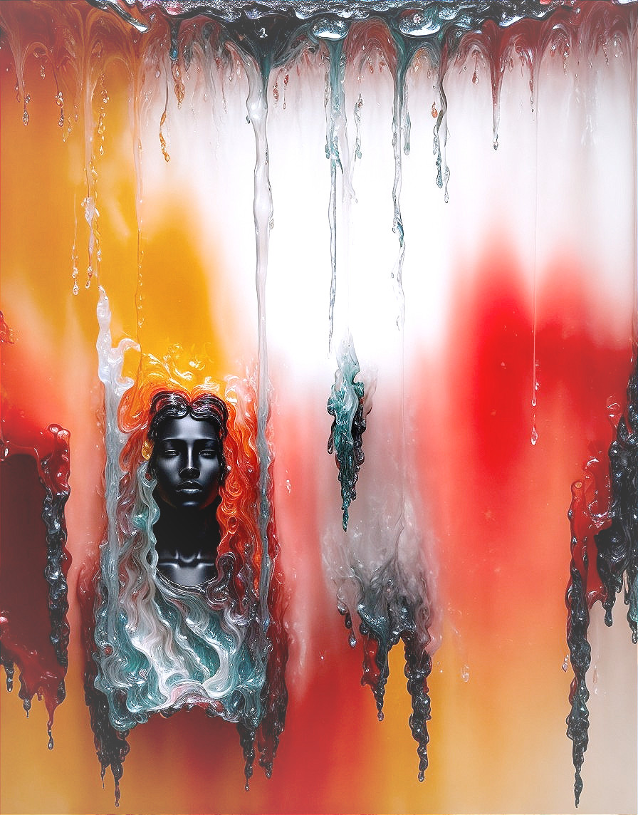 Colorful Melting Wax Streams on Black Mannequin Head Artwork
