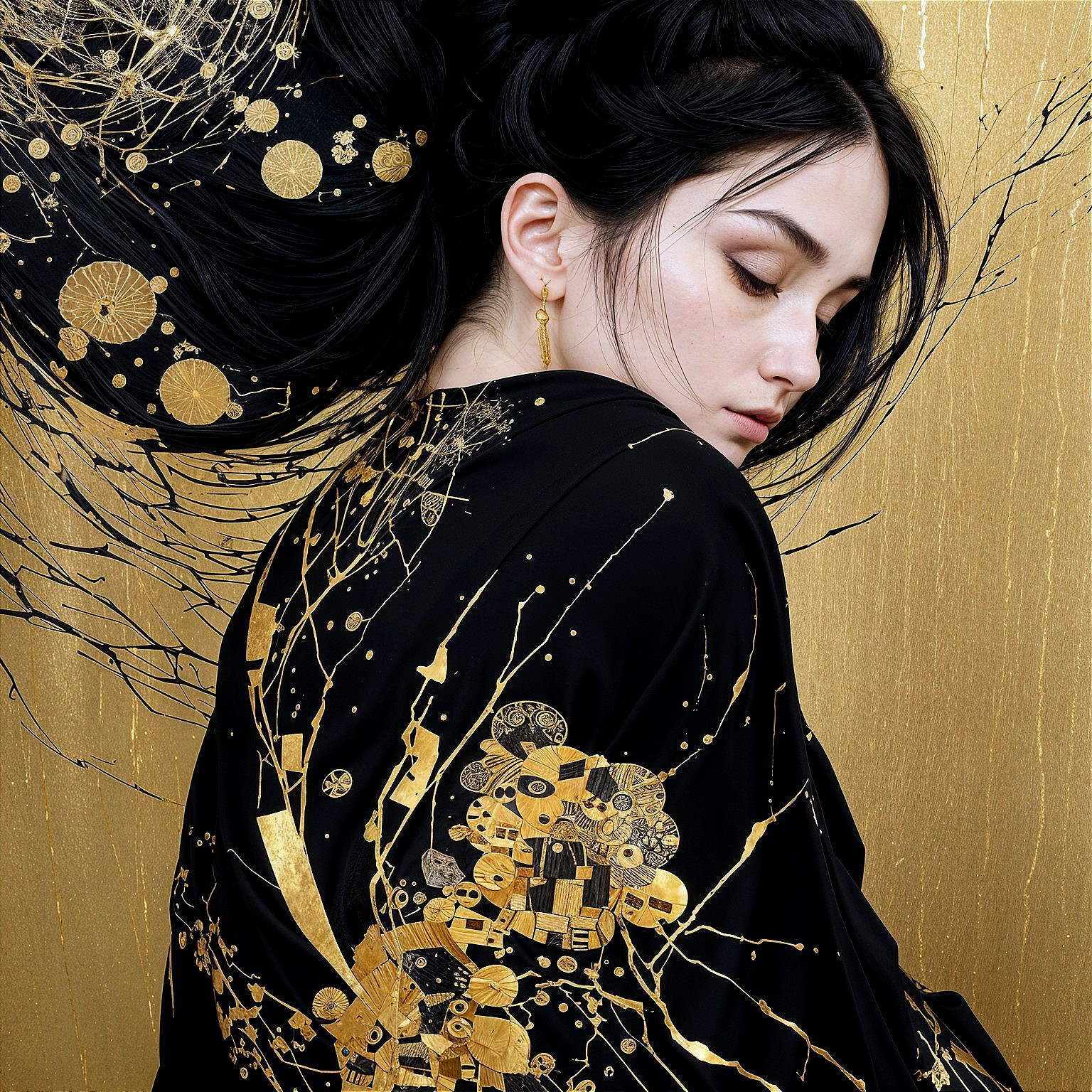 Luxurious Black Kimono with Gold Patterns and Jewelry