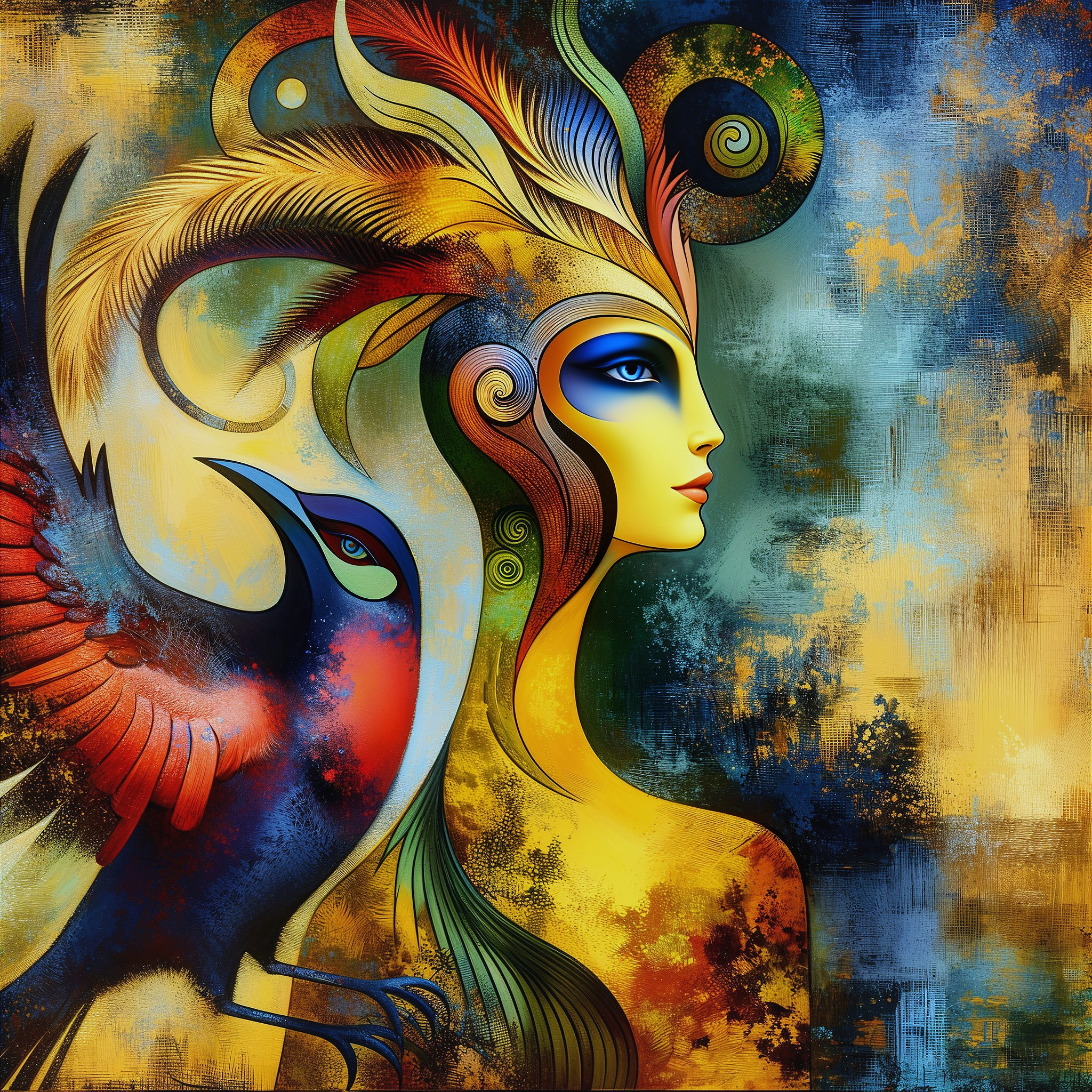 Colorful Artwork of Stylized Female Figure and Bird