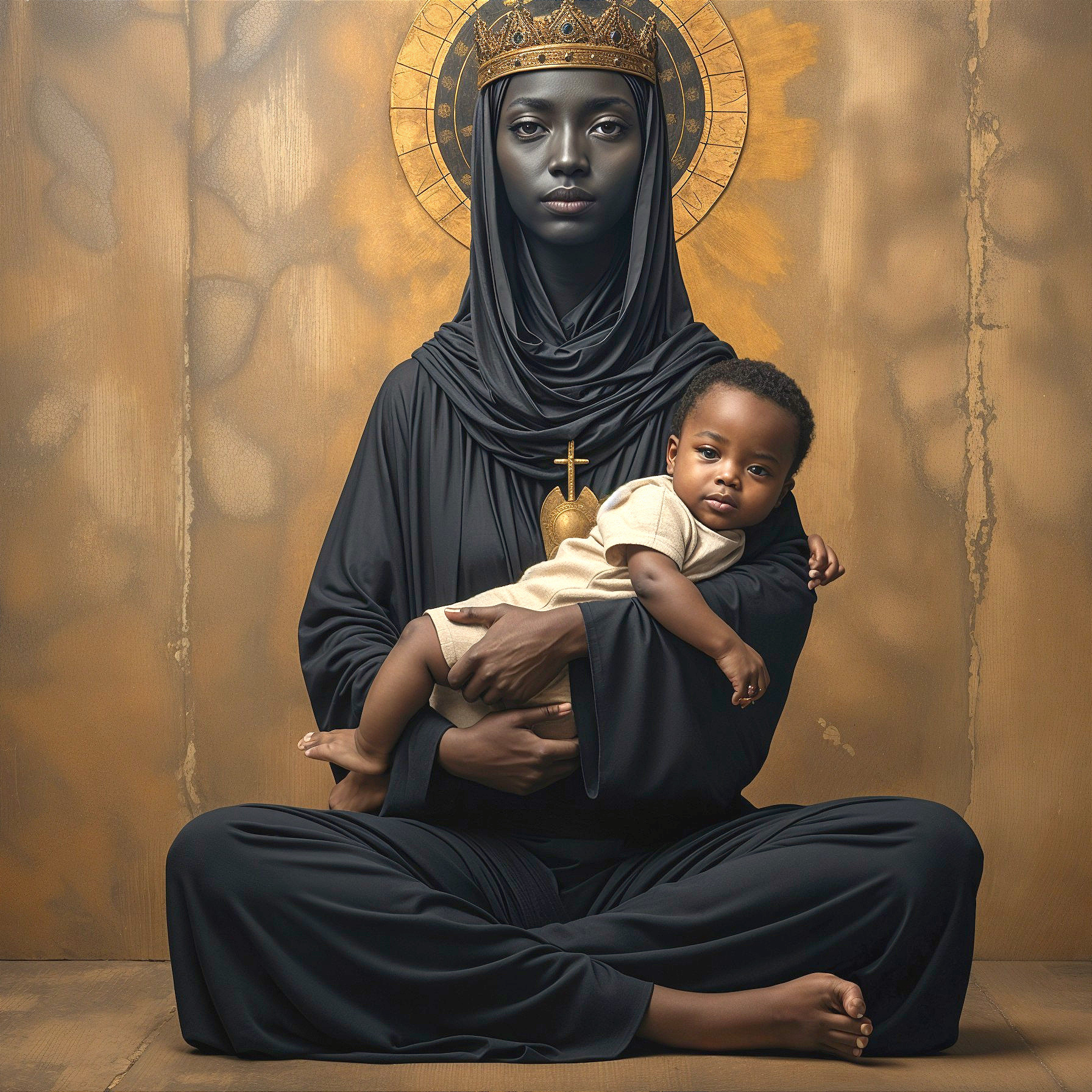 Mother Figure in Black Robe with Child Embraced