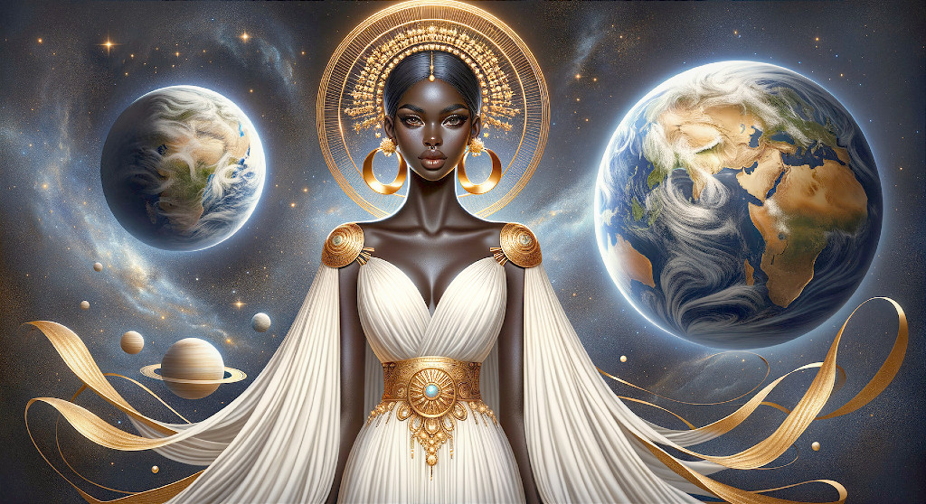 Majestic Figure in White Gown Against Cosmic Backdrop