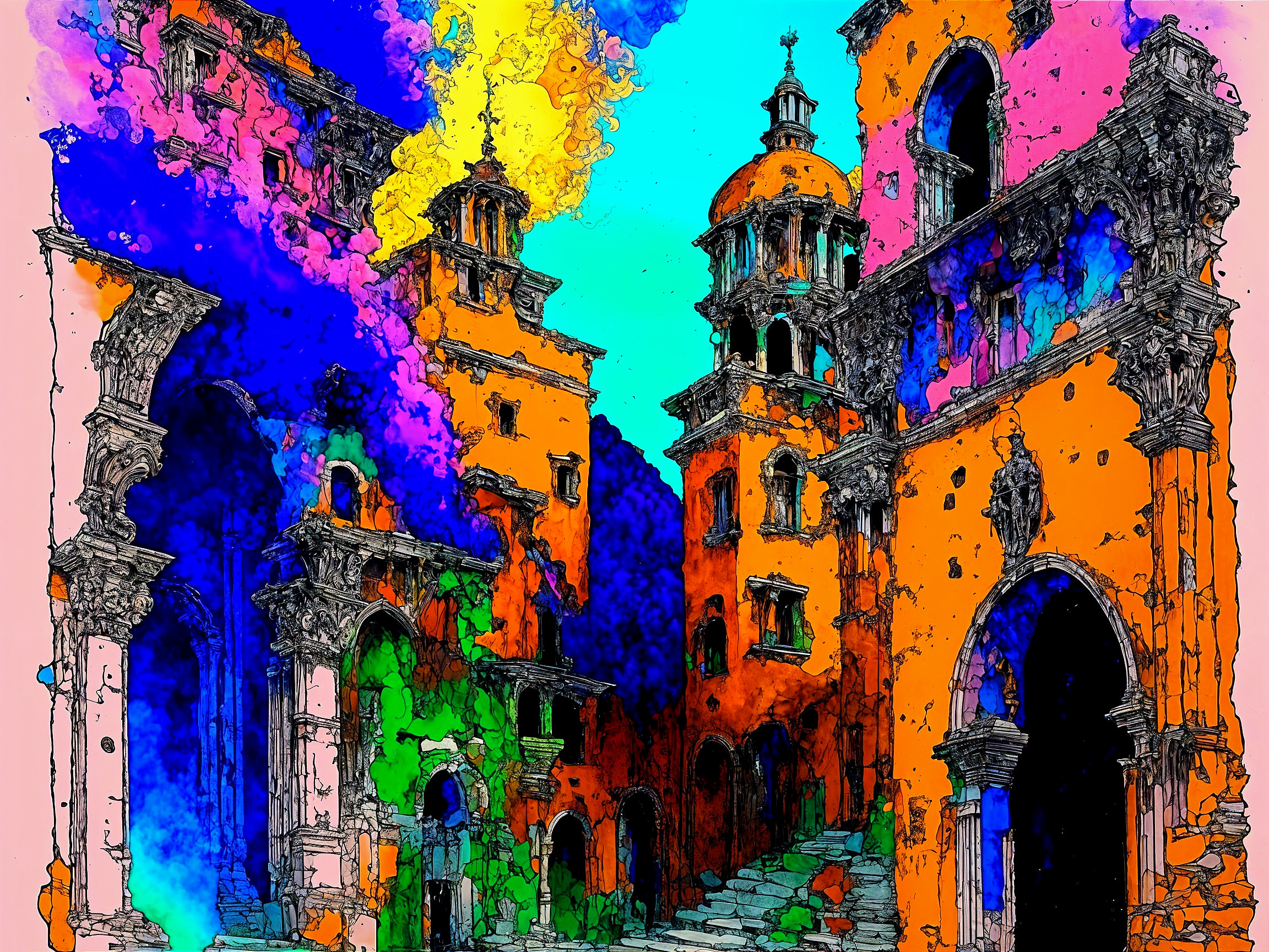 Surreal Landscape of Ancient Ruins with Colorful Architecture
