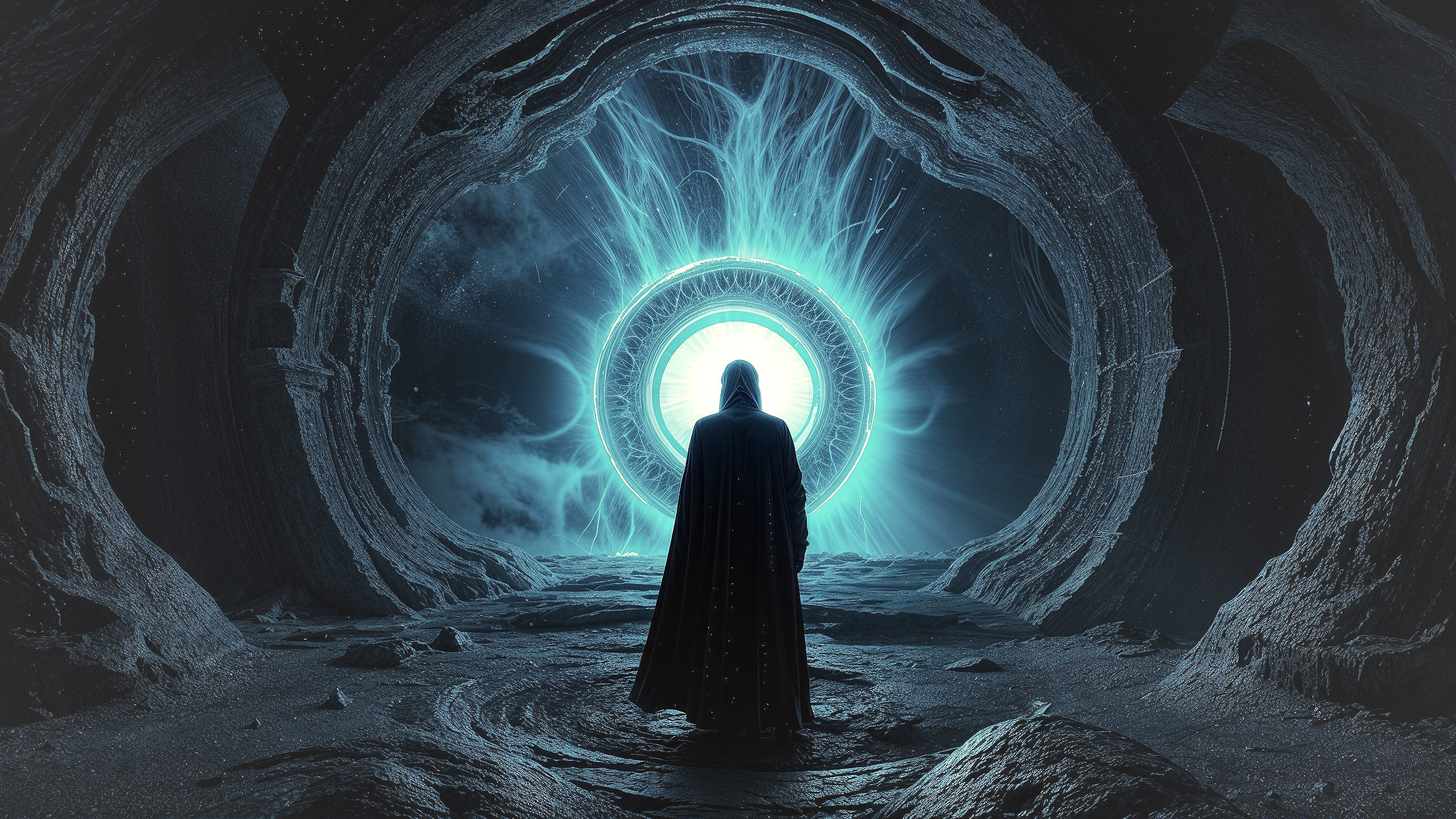 Cloaked Figure at Mystical Portal with Ethereal Light
