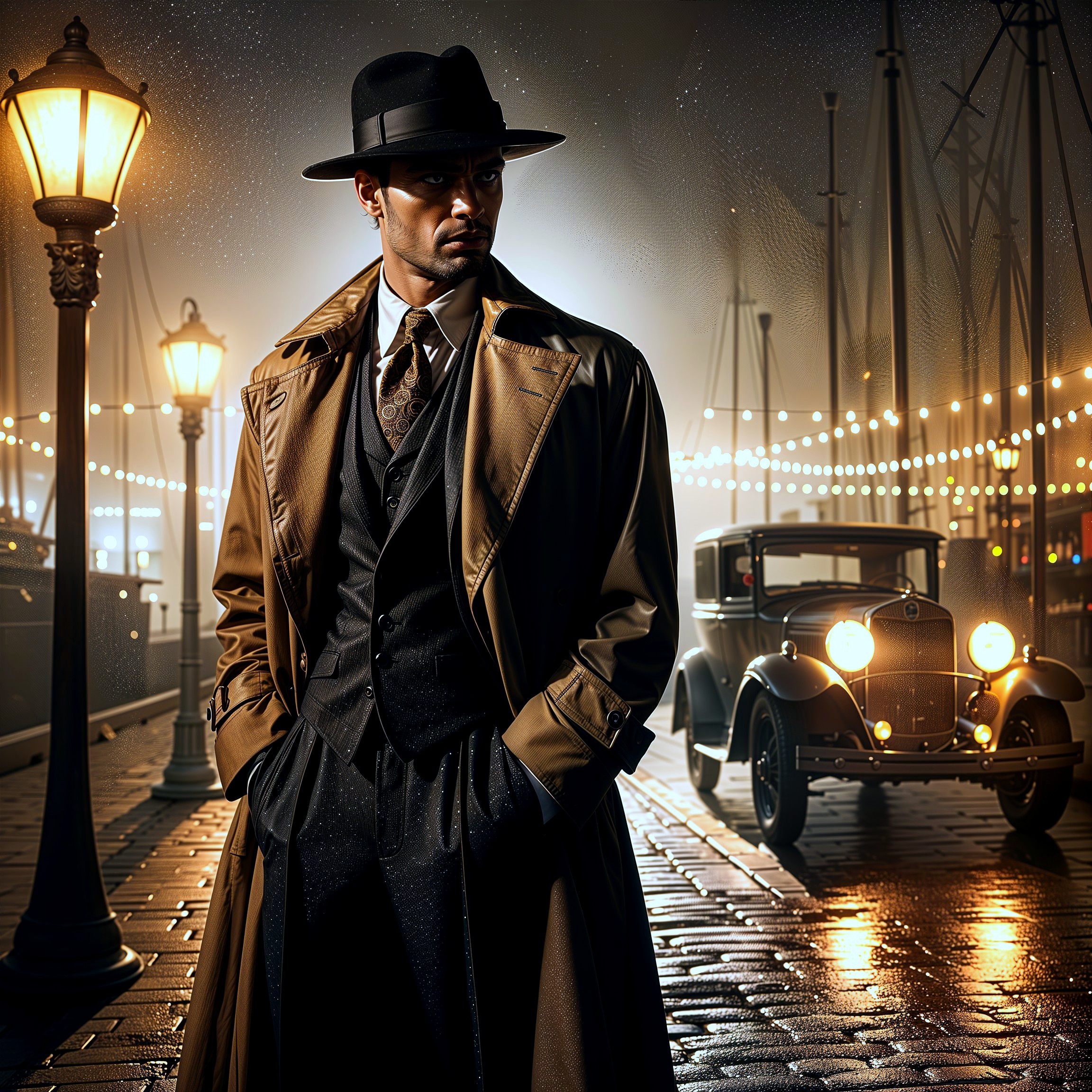 Dapper man in vintage setting with film noir ambiance