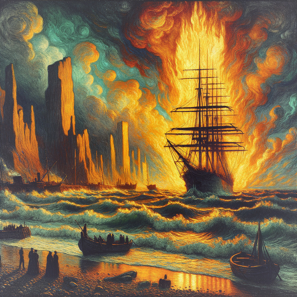 Dramatic Maritime Scene with Burning Ship and Cliffs