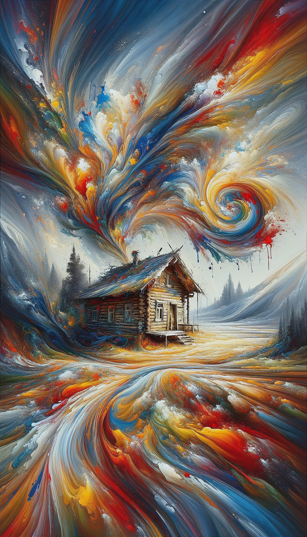 Whimsical Landscape with Rustic House and Vibrant Colors