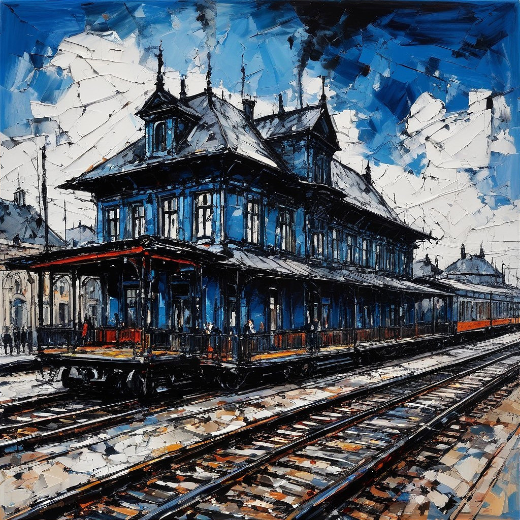 Vintage Train Station with Blue Facade and Tracks