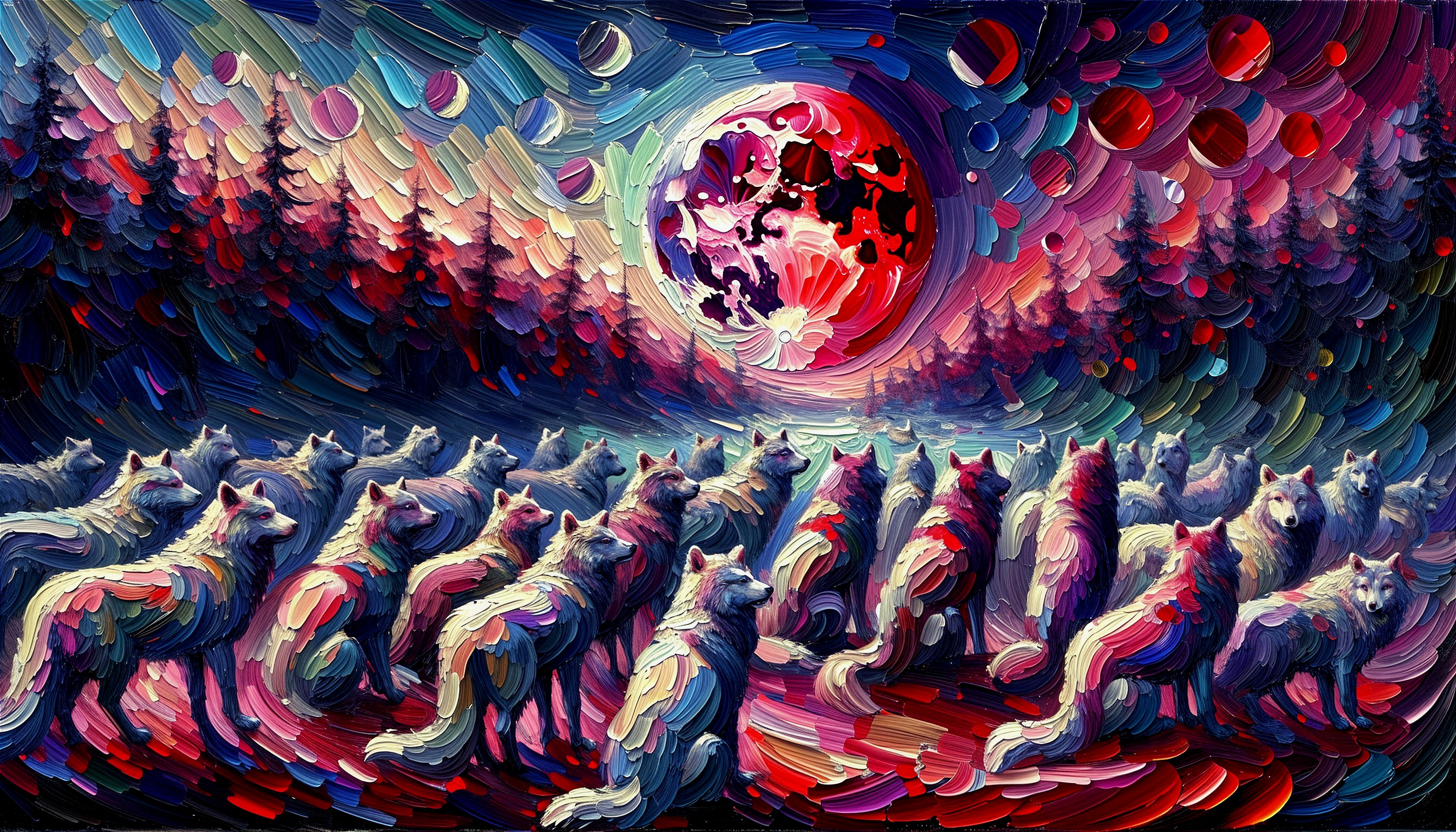 Ethereal Wolves Under a Colorful Moon in a Forest