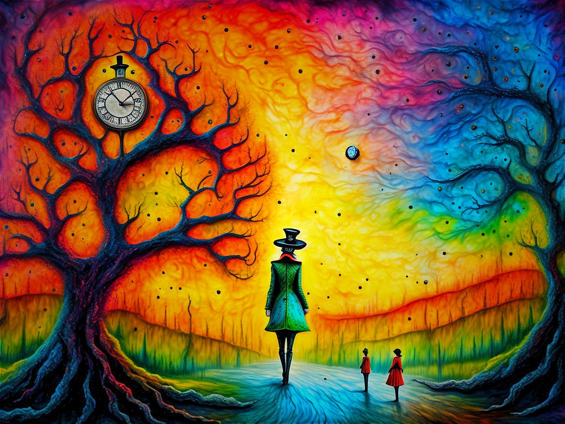 Surreal Landscape with Whimsical Figure and Enchanted Tree