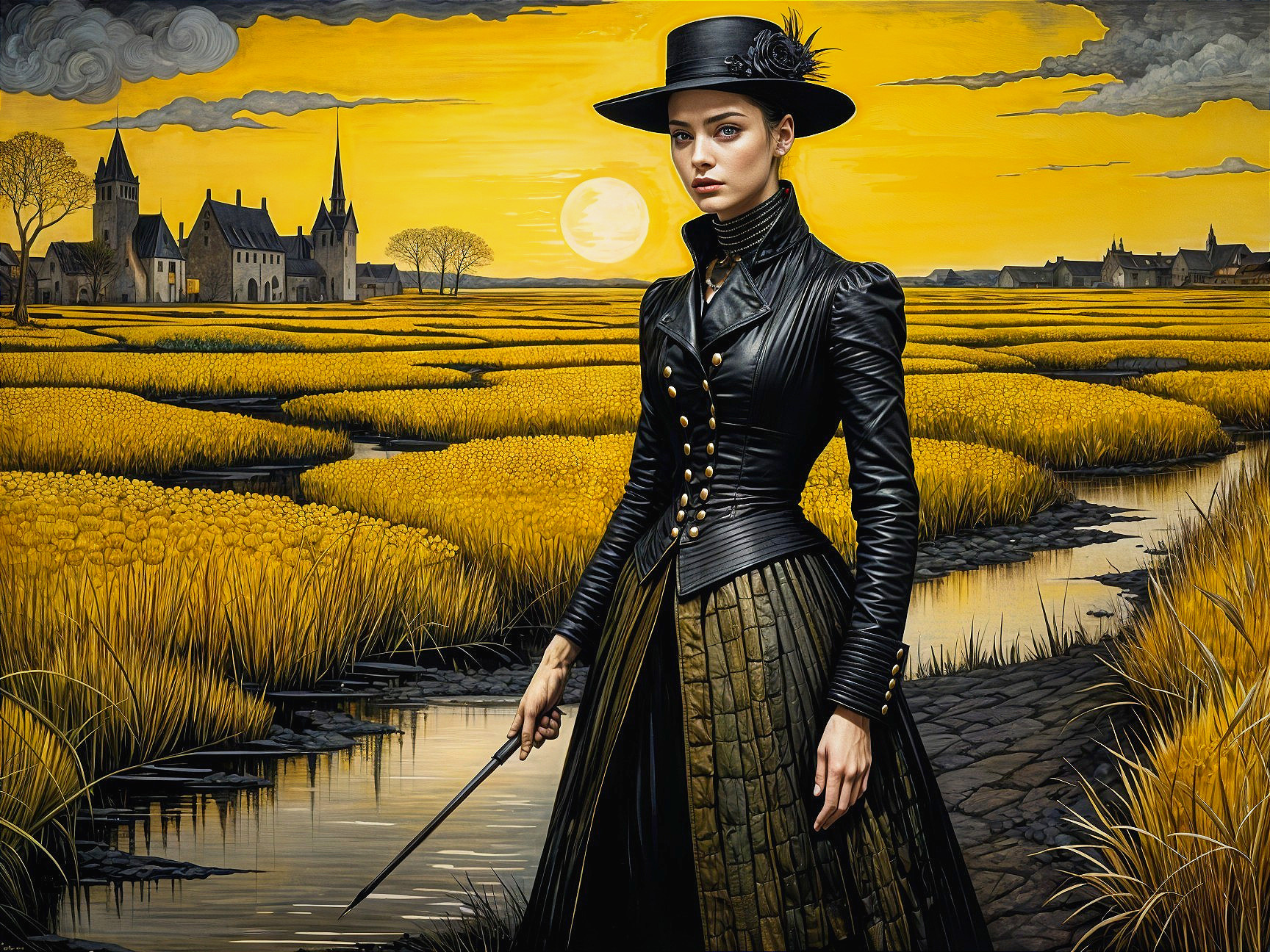Elegant Woman in Black Gown Against Yellow Landscape