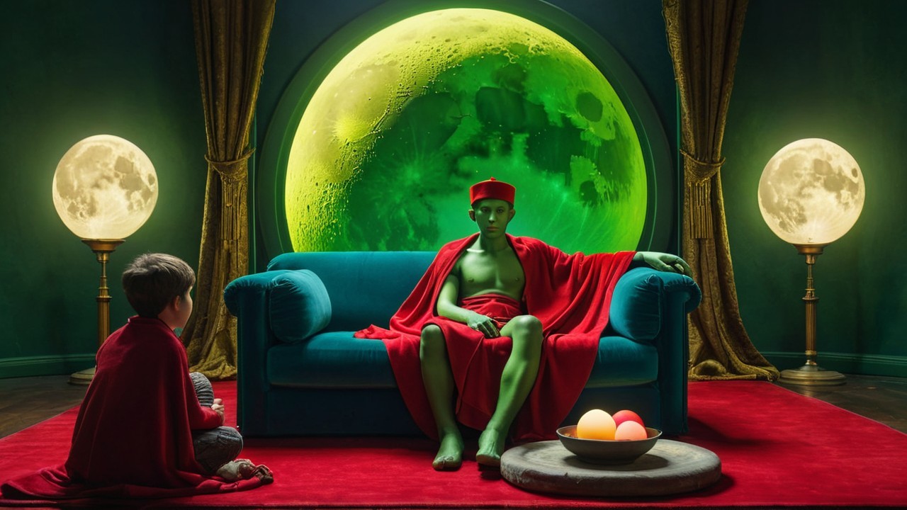 Dark Photograph of Child and Humanoid in Unique Setting