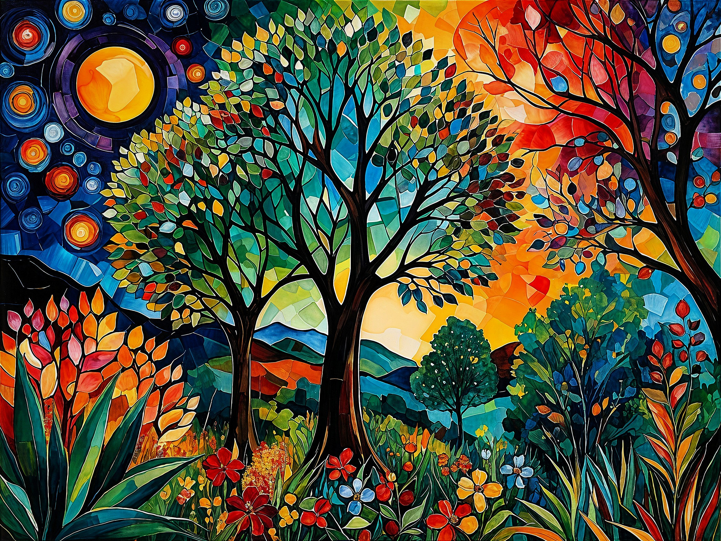 Vibrant Landscape with Colorful Trees and Night Sky