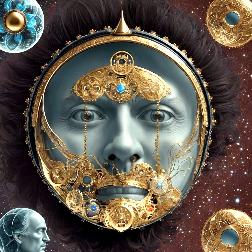 Surreal clockwork-themed face with celestial elements