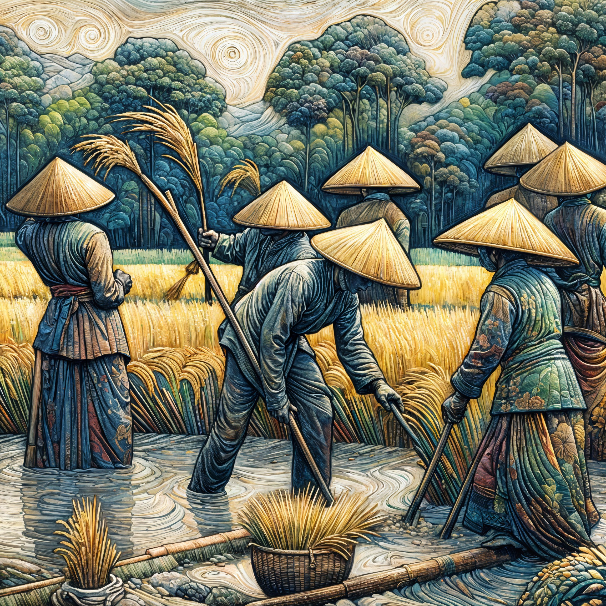 Farmers in Golden Rice Fields Amidst Lush Nature