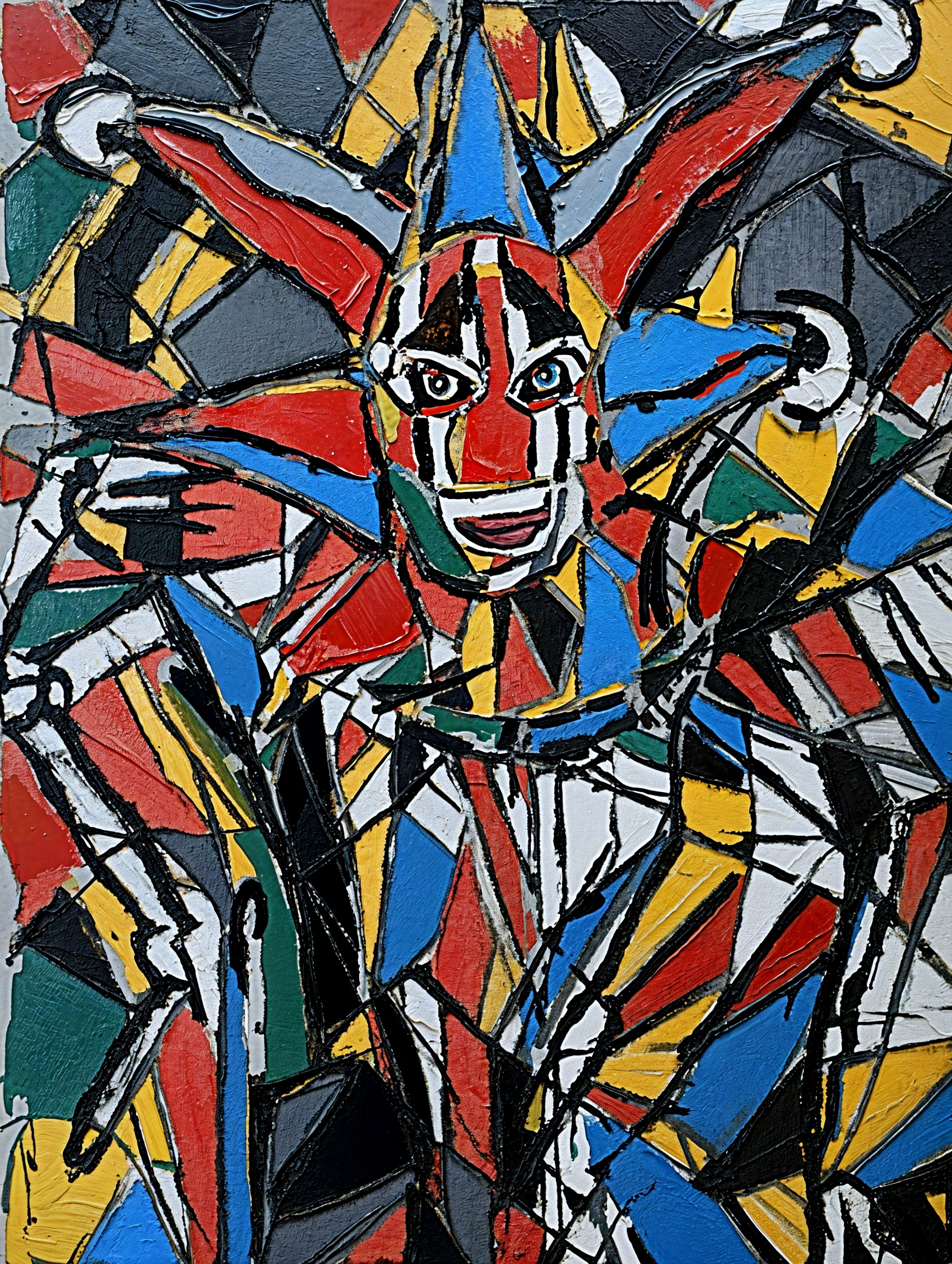 Abstract Jester Painting with Bold Colors and Shapes