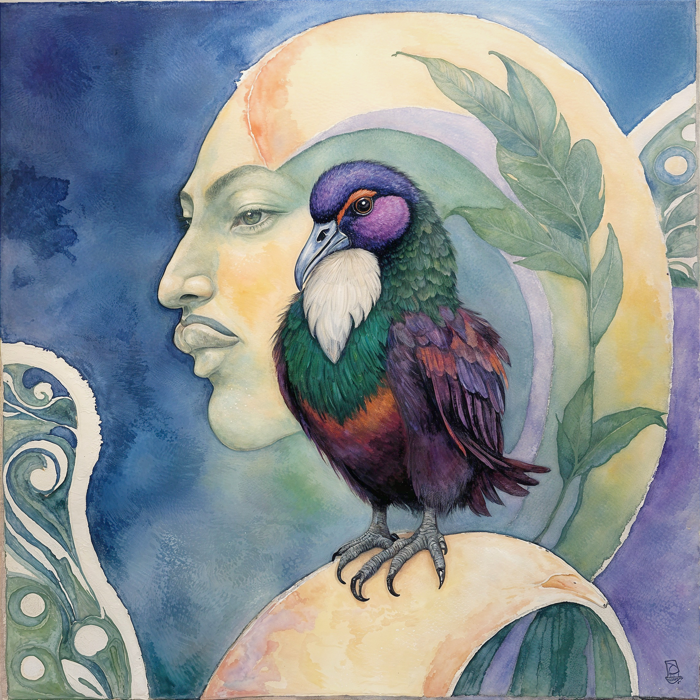 Surreal Composition of Human Face and Vibrant Bird