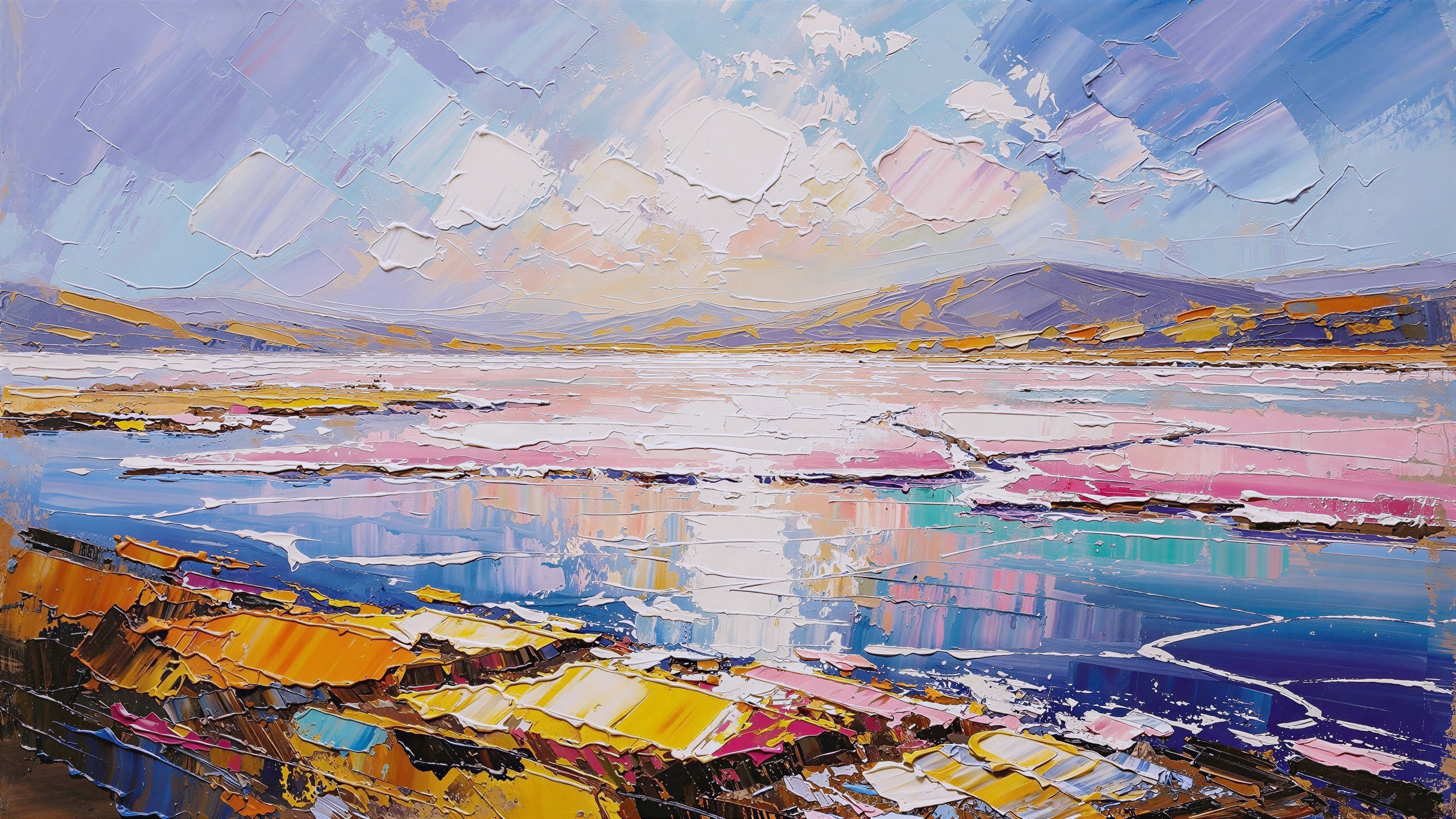 Impasto Oil Painting of a Pink Salt Lake Landscape