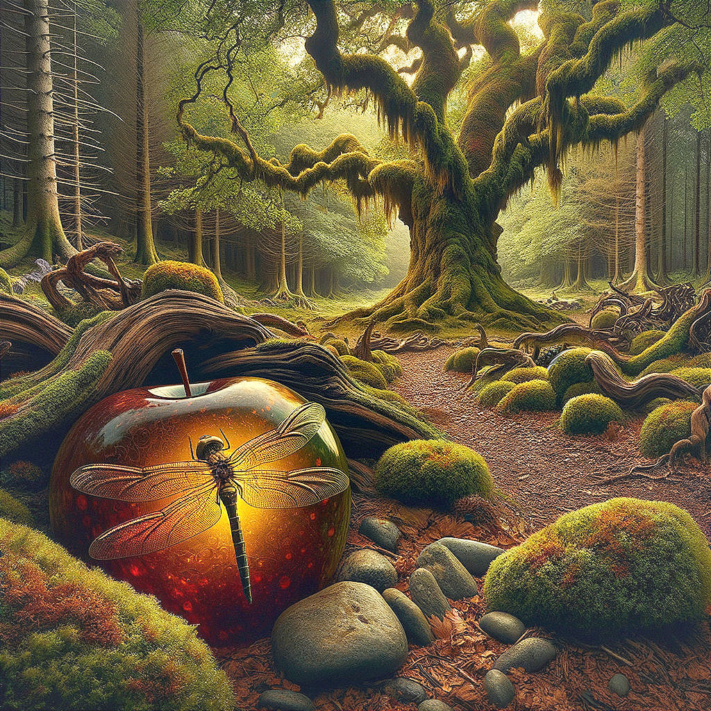 Mystical Forest with Ancient Tree and Dragonfly