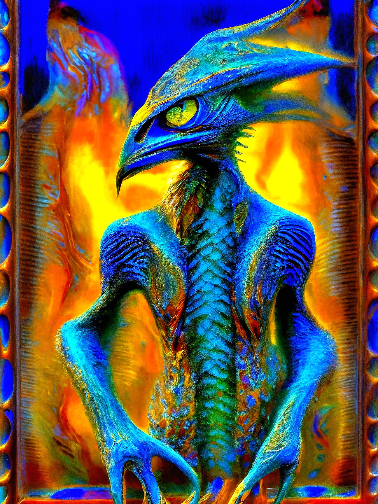 Humanoid Reptile Creature with Blue Skin and Yellow Eyes