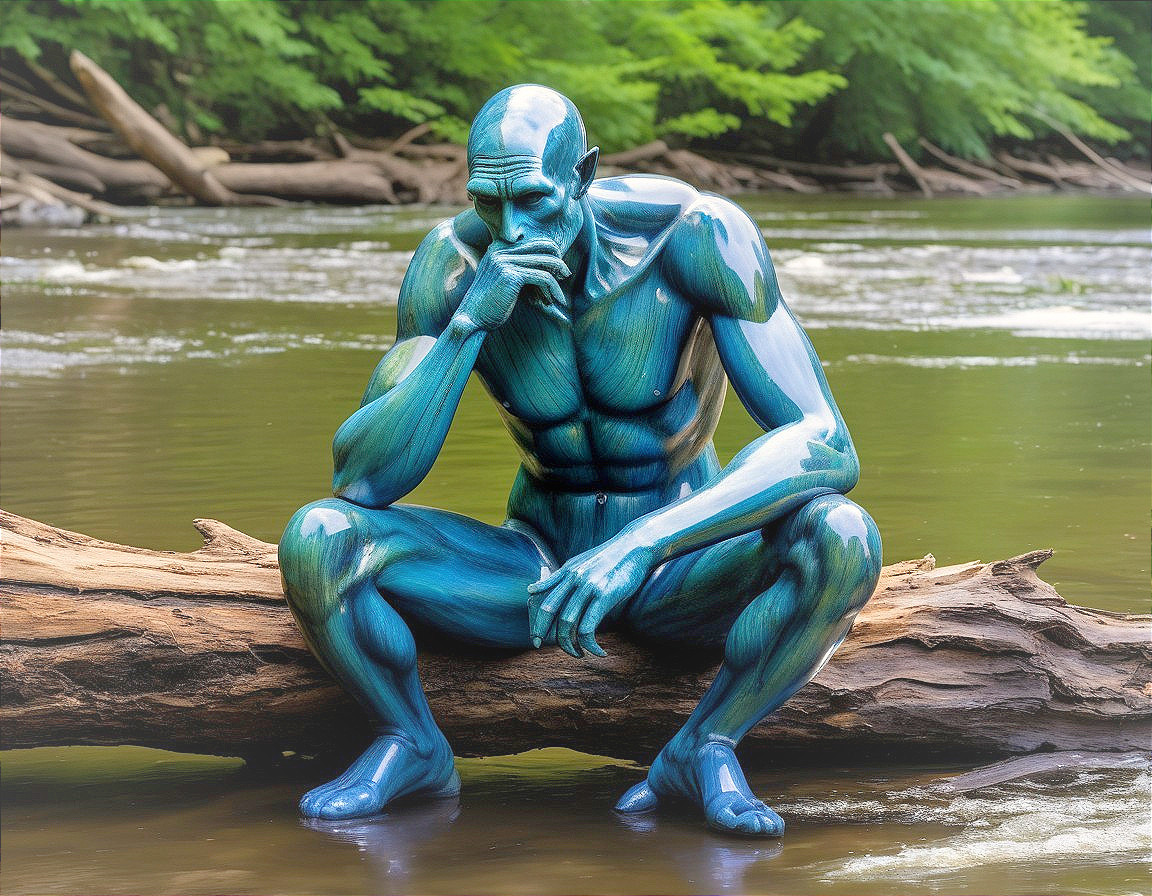 Blue Humanoid Statue by Serene River and Lush Trees