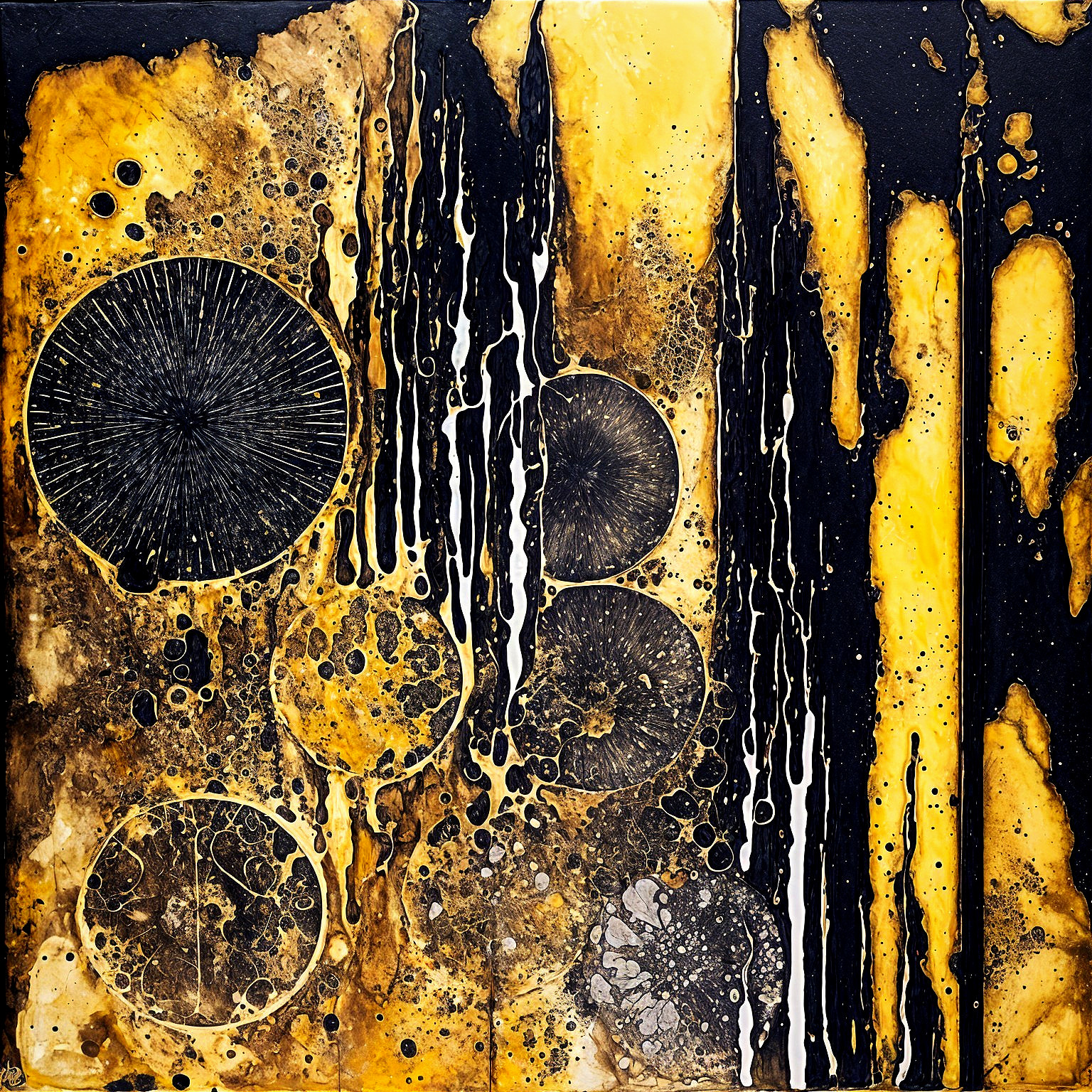 Abstract Artwork with Black and Yellow Circular Forms