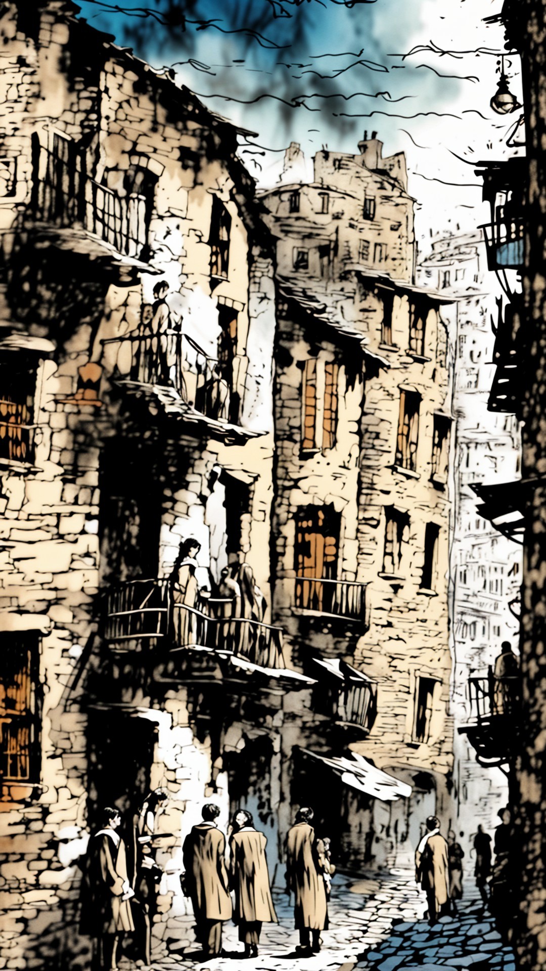 Narrow alleyway with stone buildings and vintage clothing