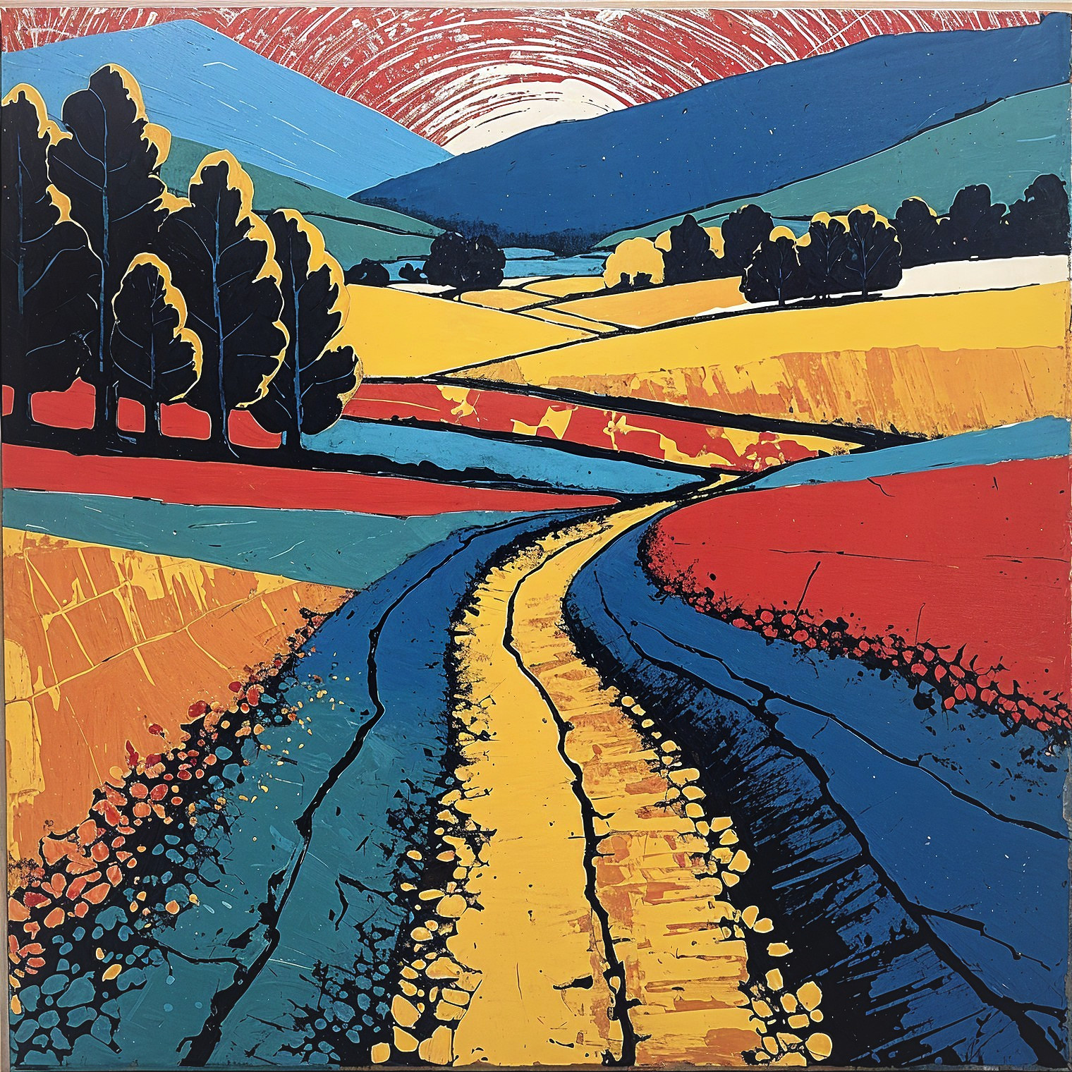 Vibrant Landscape with Winding Road and Colorful Fields