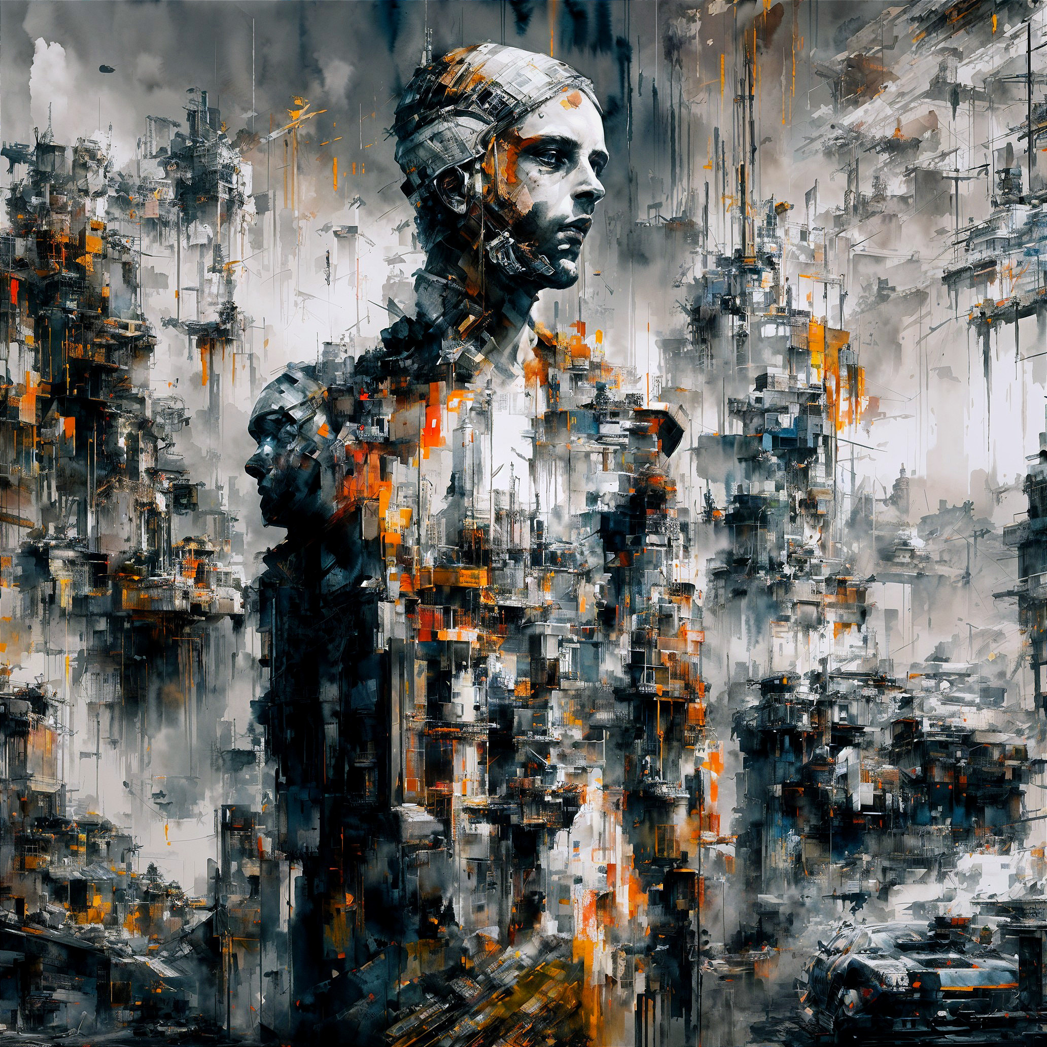 Abstract Human Figure in Vibrant Geometric Cityscape