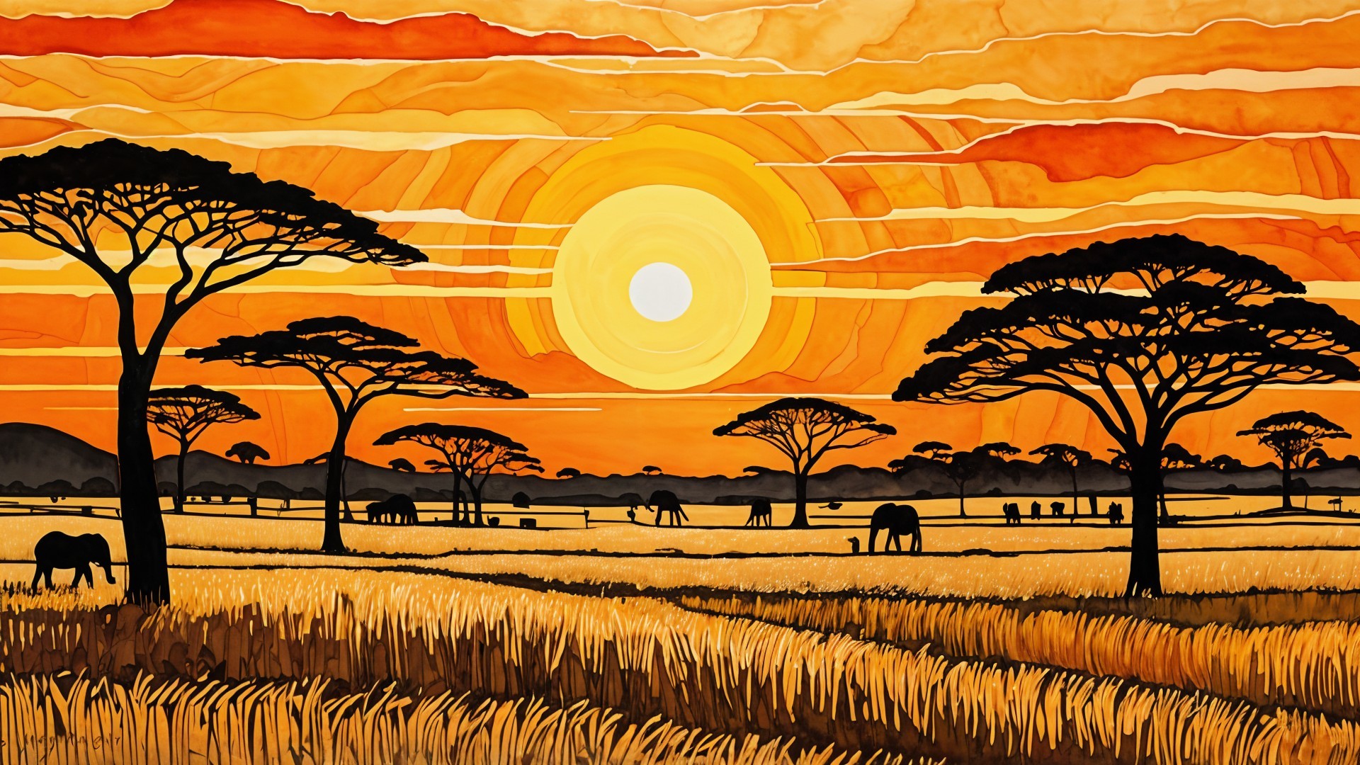 Vibrant Sunset Over Savannah with Elephants and Acacia Trees