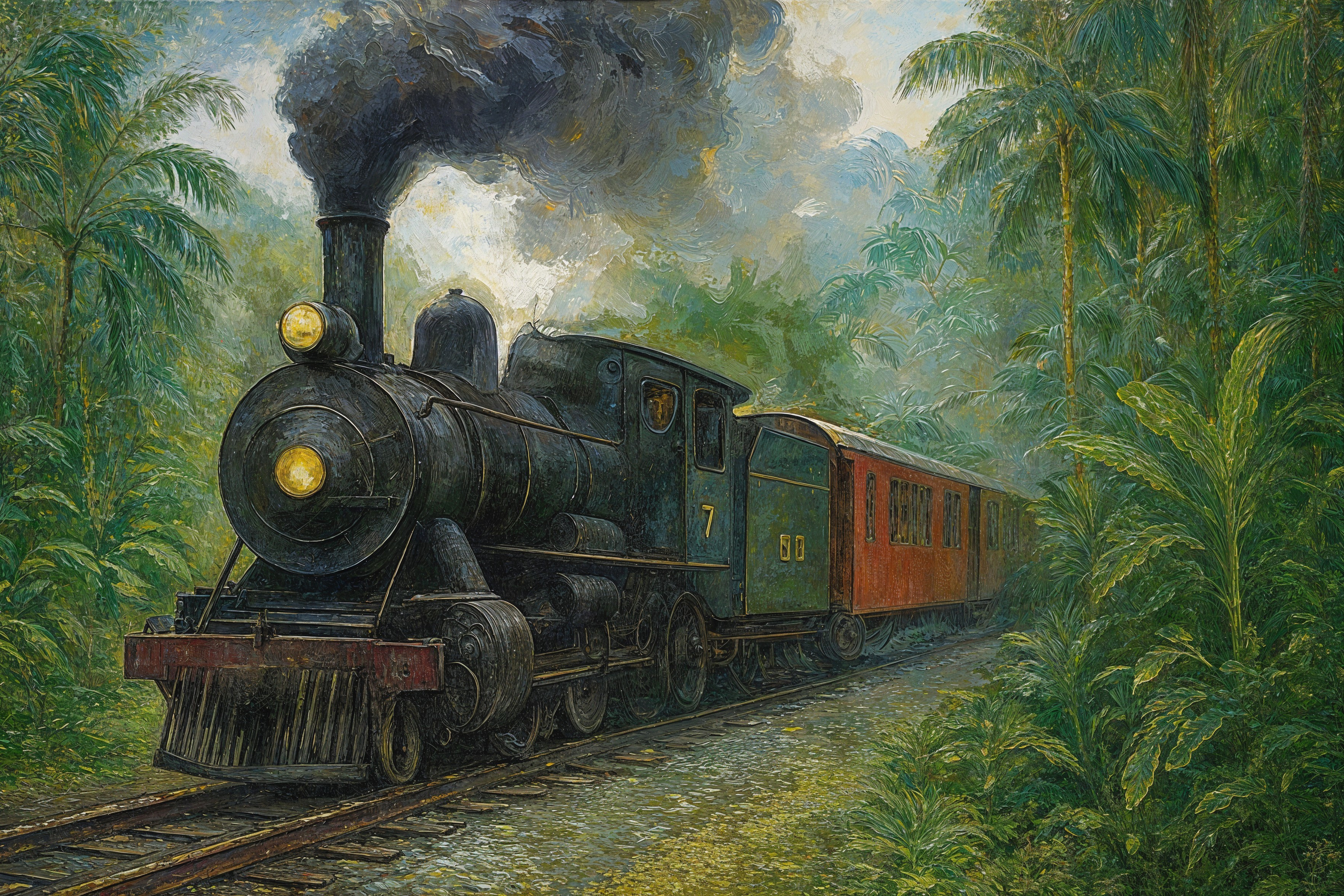 Black Steam Locomotive in Tropical Jungle Setting