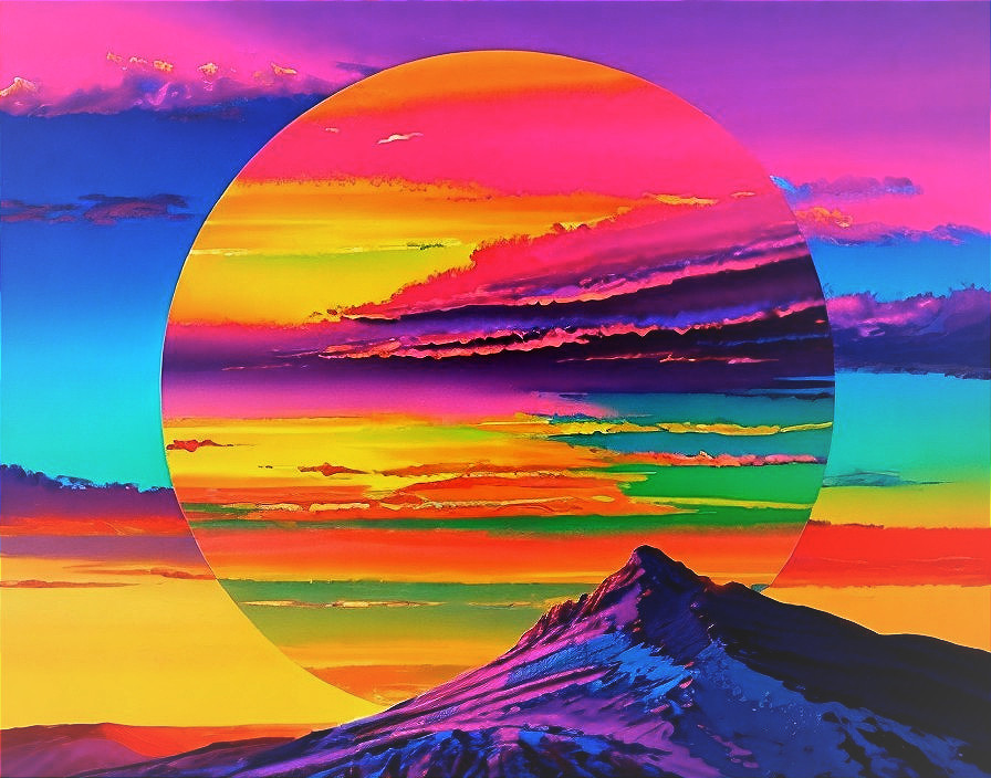 Surreal Landscape with Majestic Mountain and Sunset