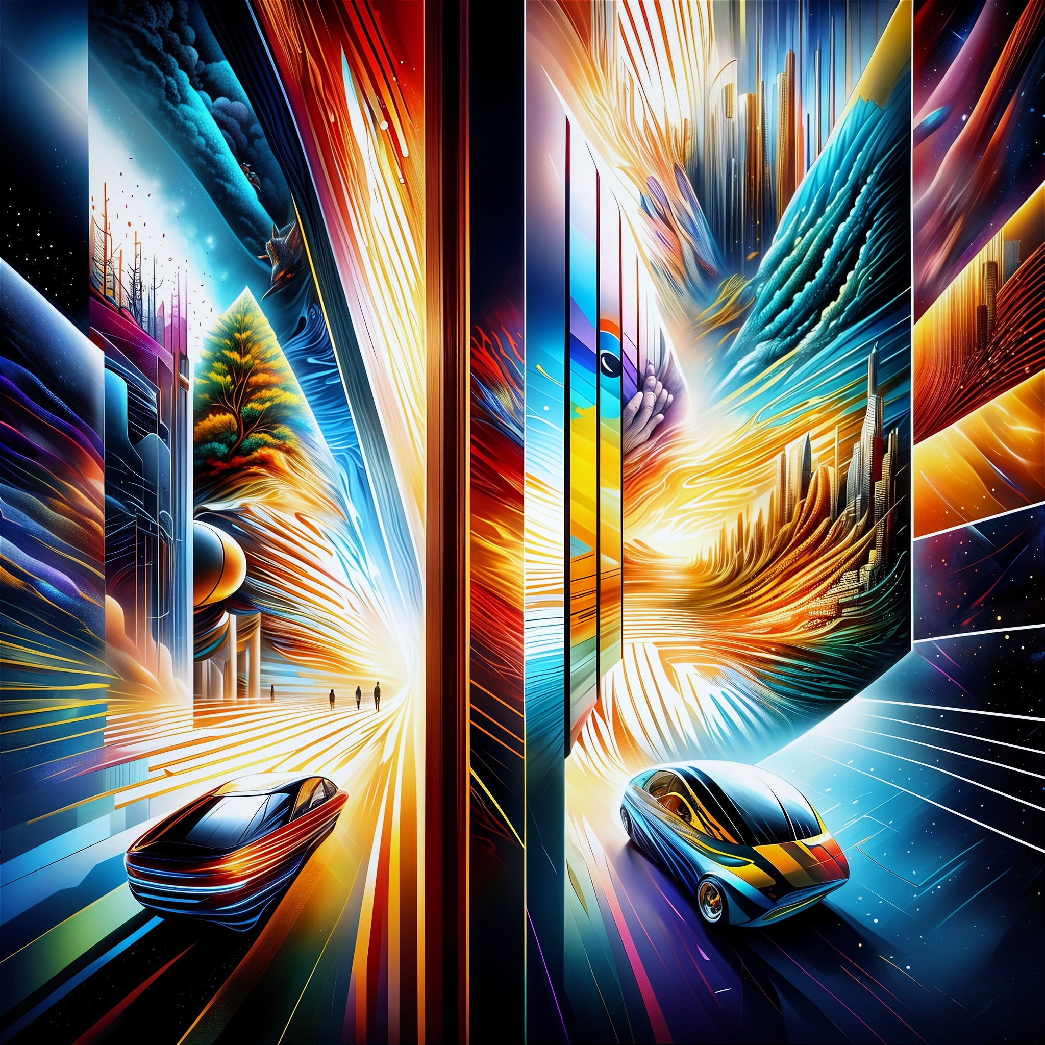 Futuristic landscape with racing cars in vibrant tunnel