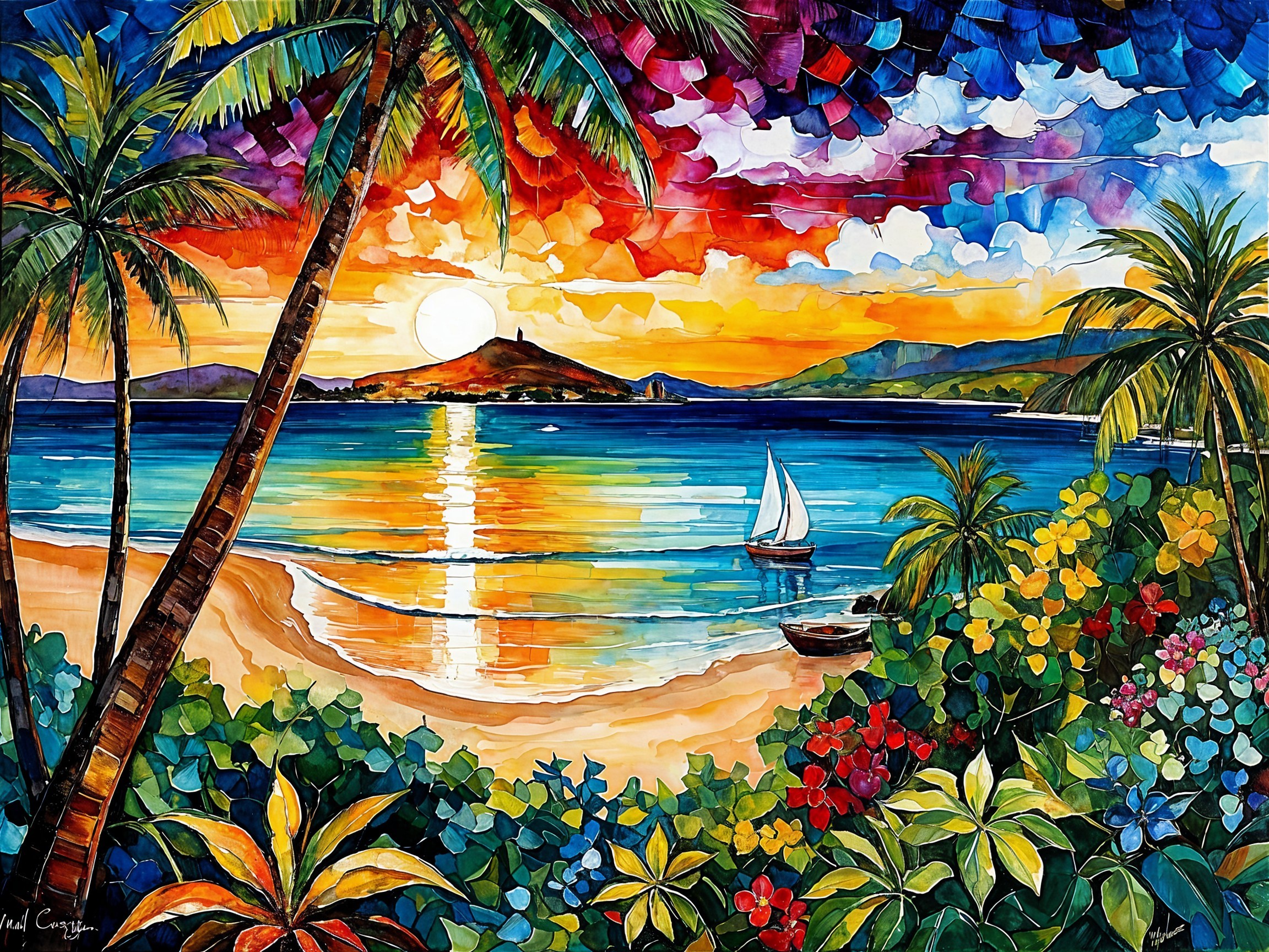 Tropical Sunset Over Serene Beach with Palm Trees