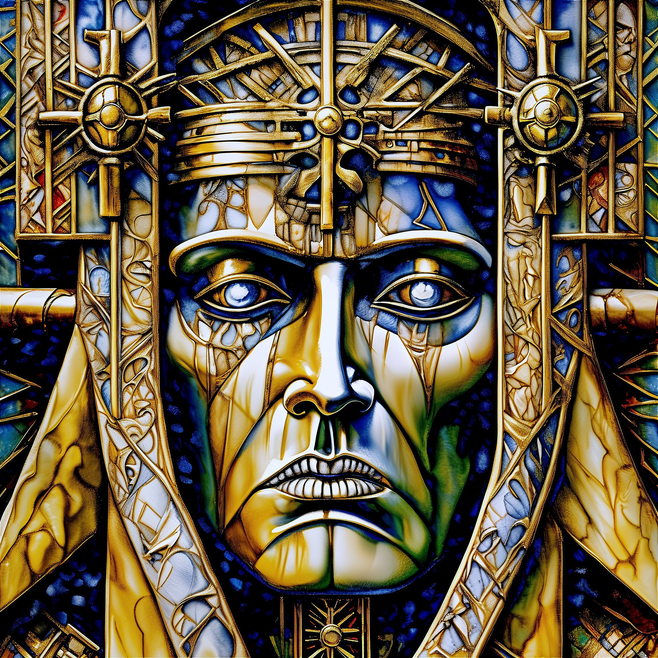 Stylized face with gold and blue tones and details