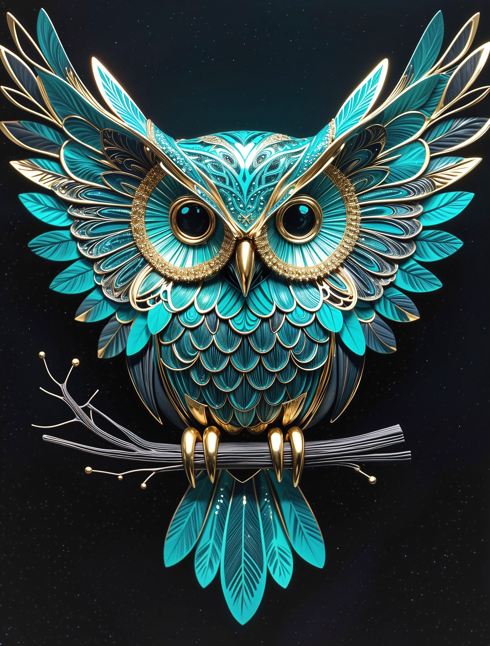 Intricate Turquoise Owl with Golden Accents Design