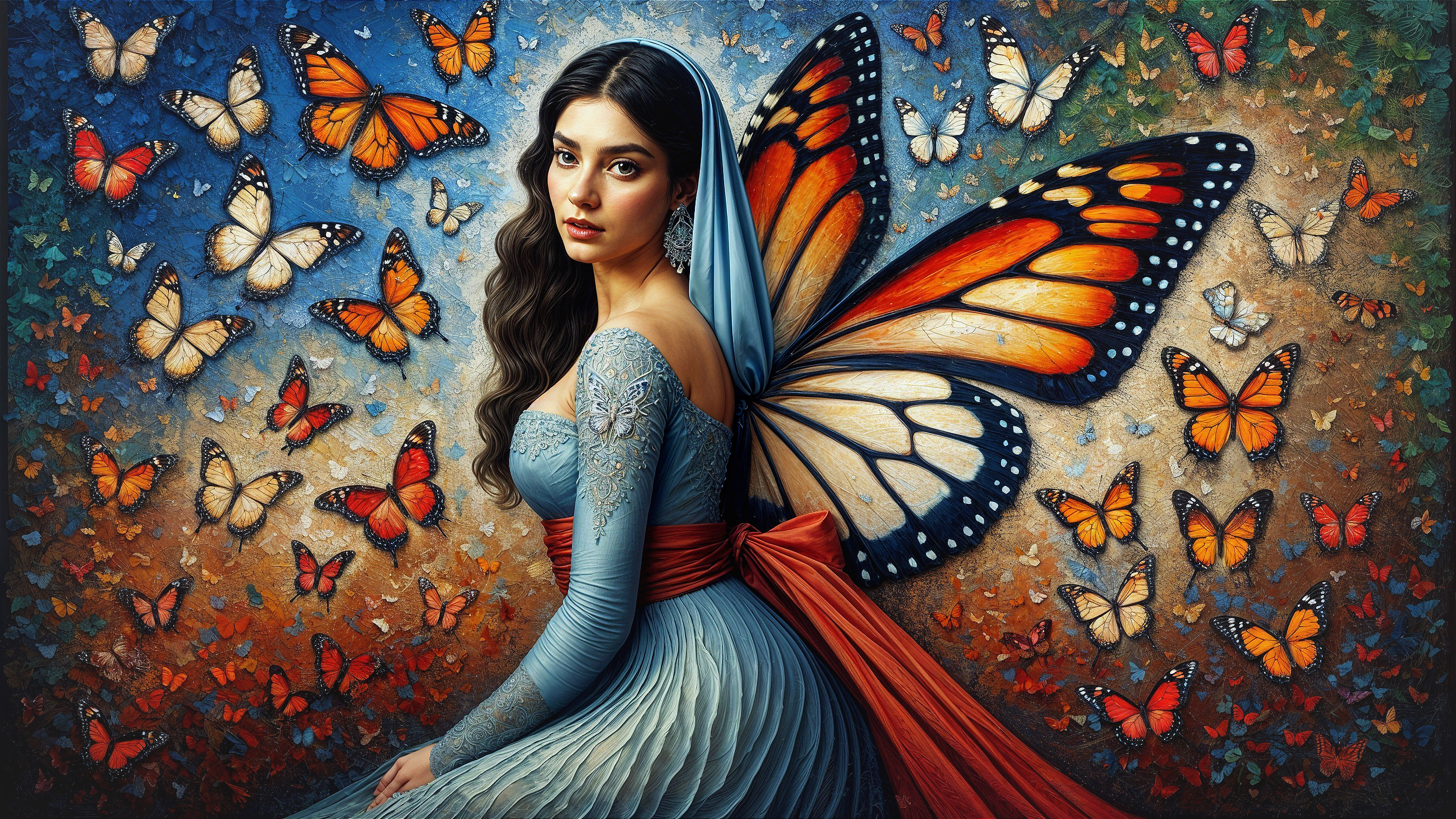 Young woman in blue gown with butterfly wings