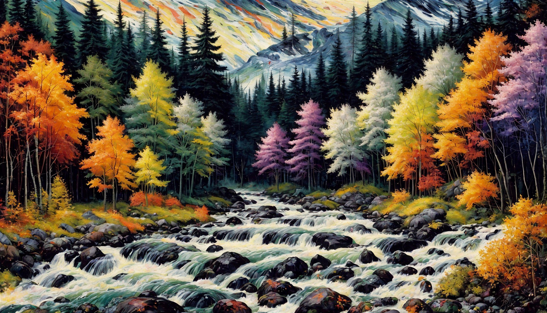 Vibrant Autumn Landscape with River and Mountains