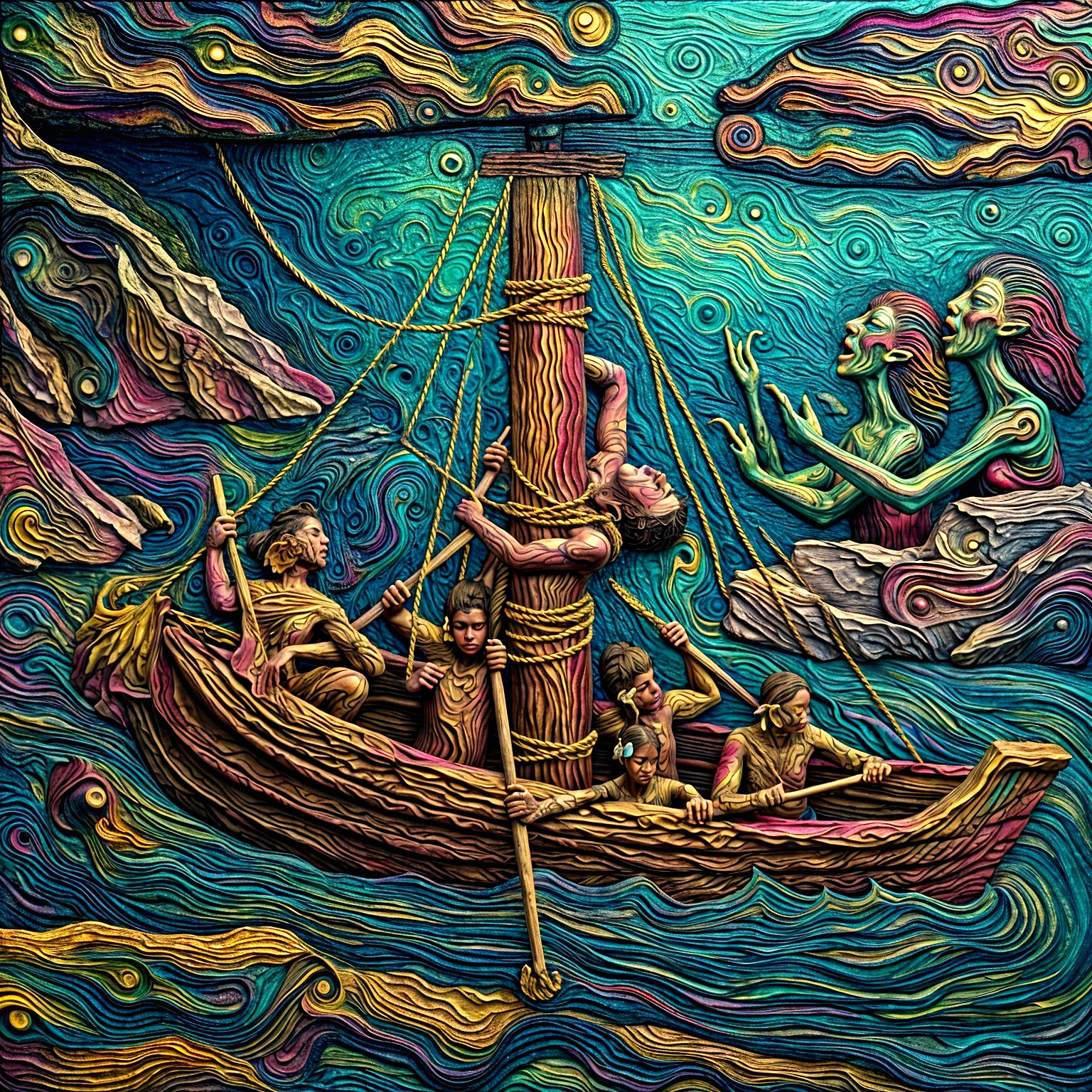Vibrant Scene of a Boat Struggling in Turbulent Waters