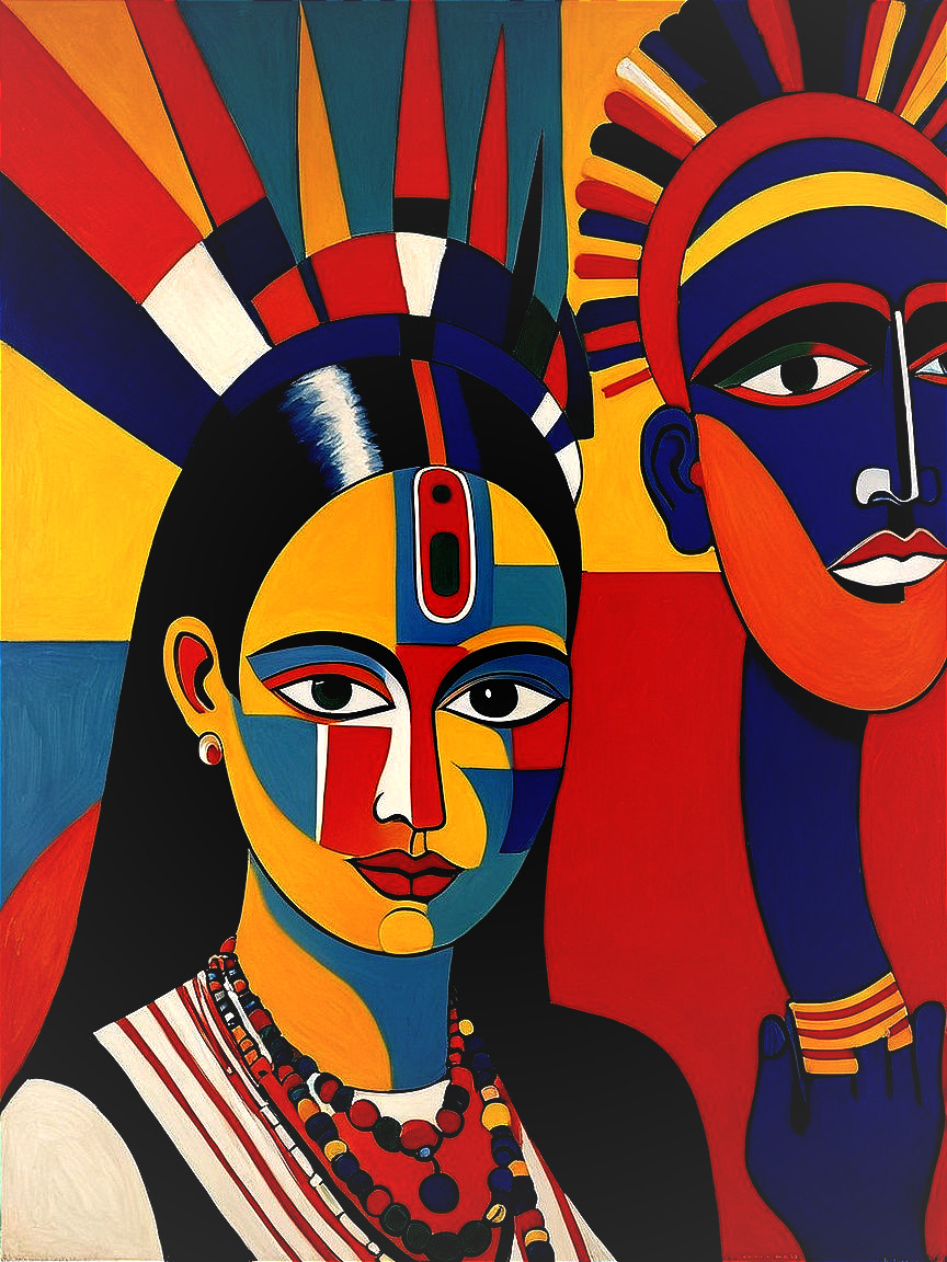 Stylized Faces with Vibrant Patterns and Geometric Designs