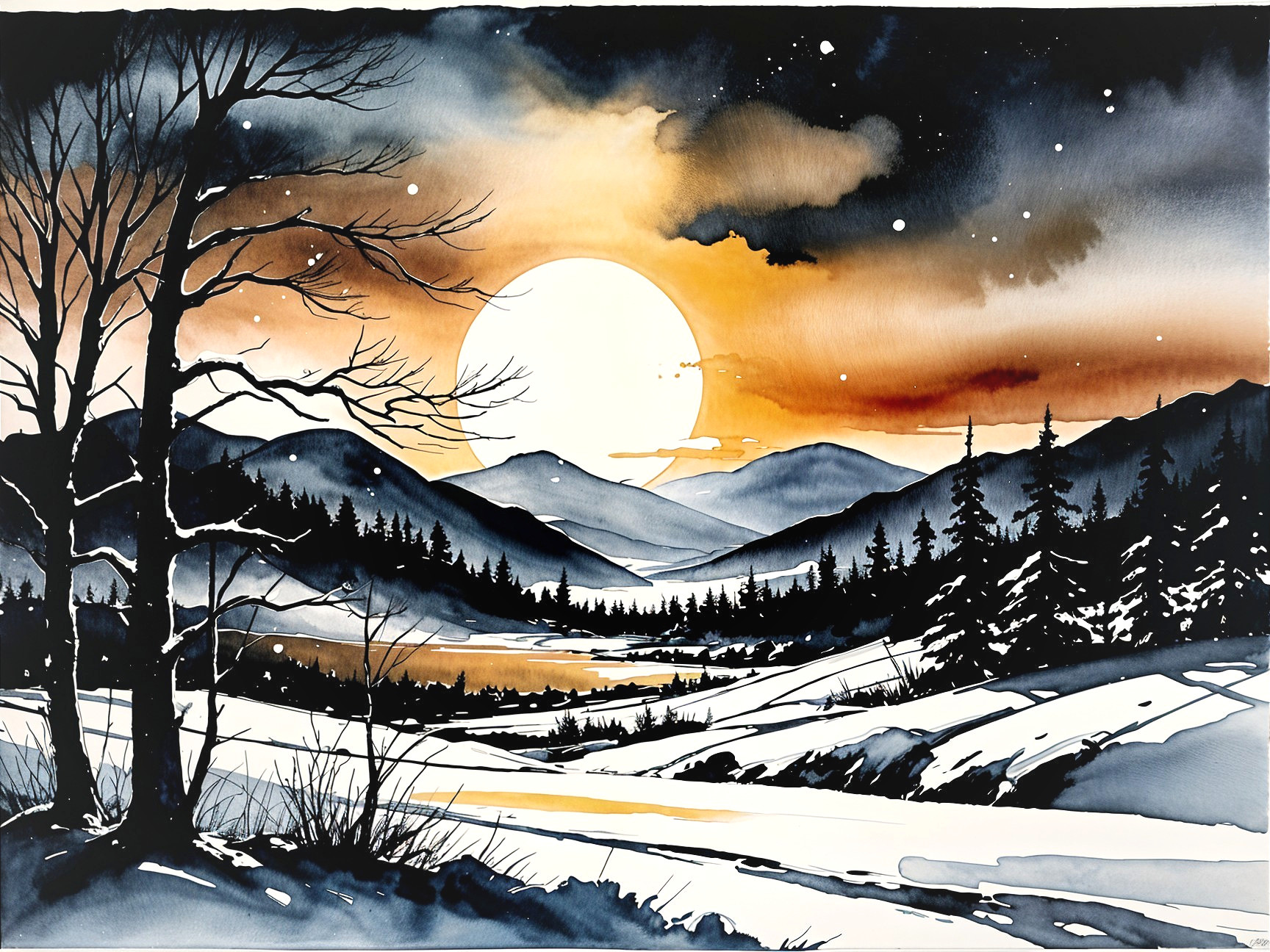 Serene winter landscape at sunset with snow and trees