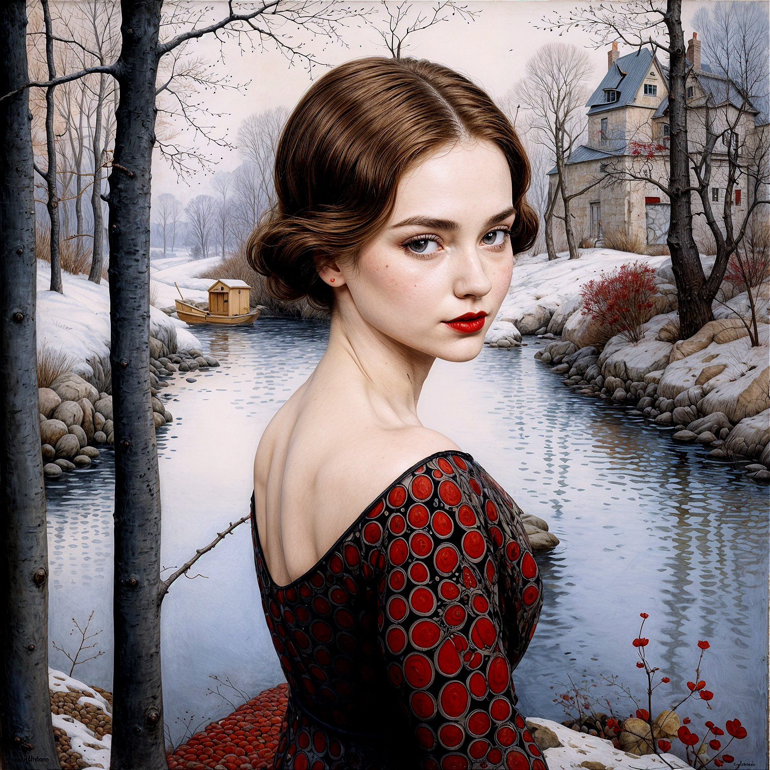 Young Woman in Elegant Dress by Snowy River Scene