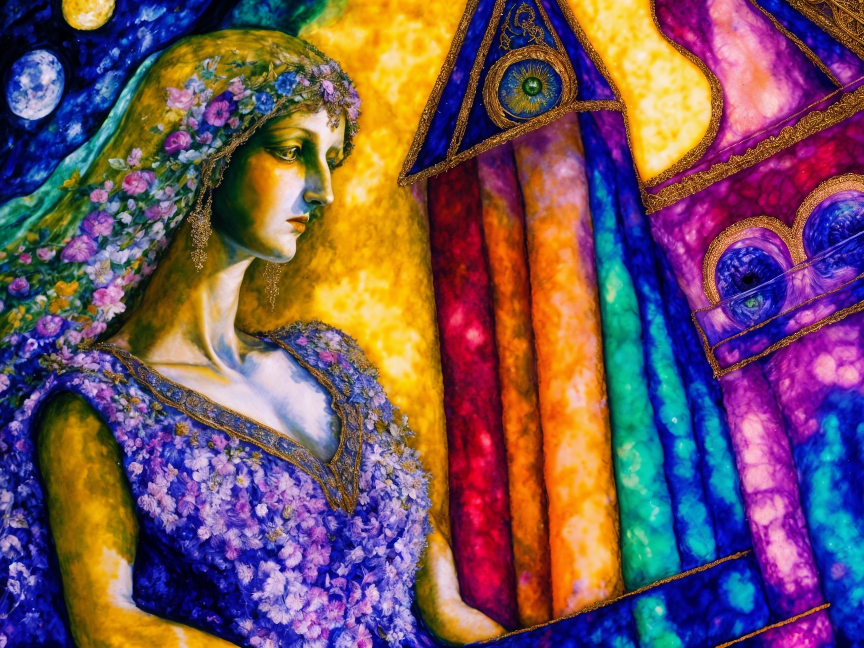 Regal Woman in Floral Purple Gown with Abstract Background